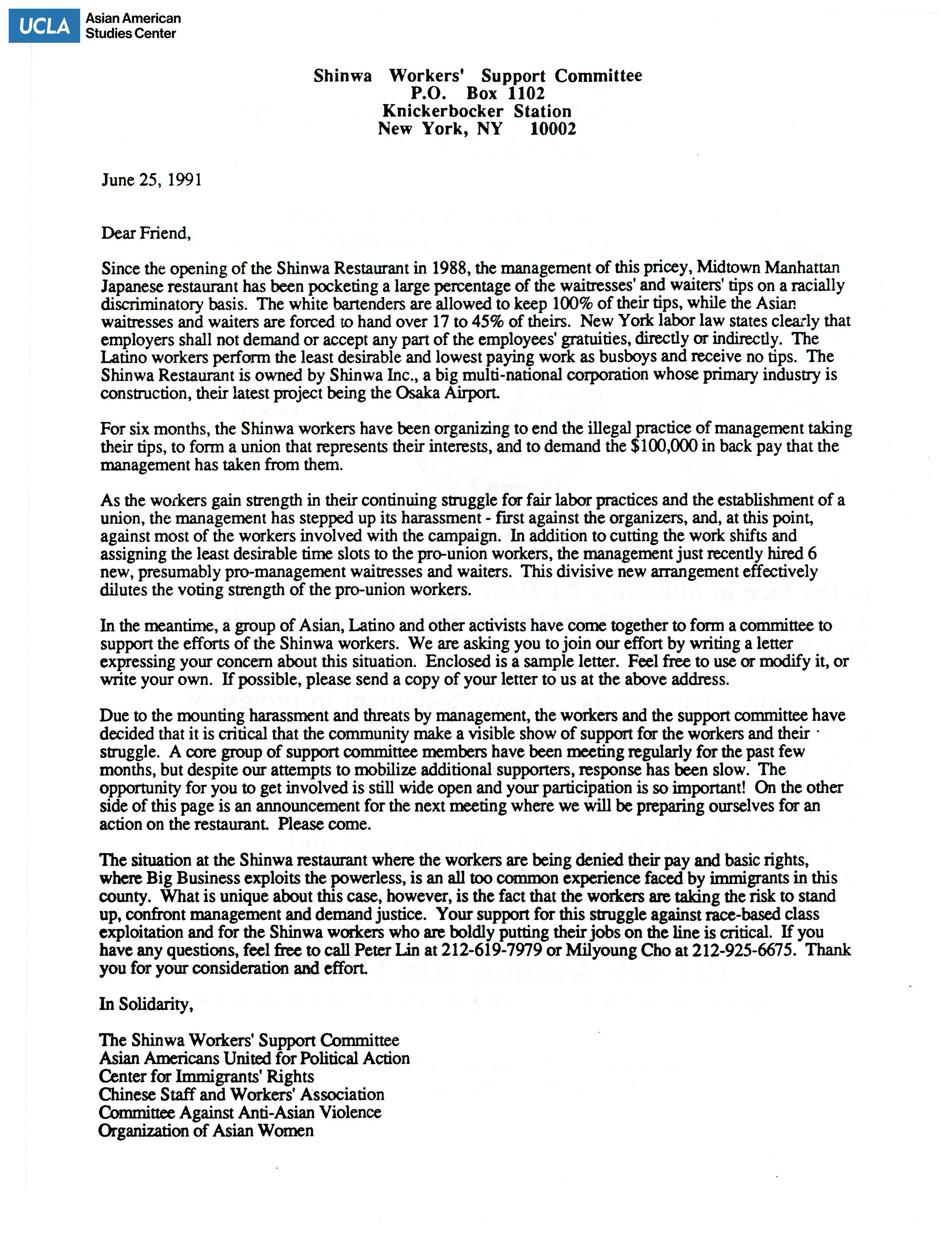 Letter regarding Shinwa restaurant managment taking the servers' tips and unfair labor practices based on race.
