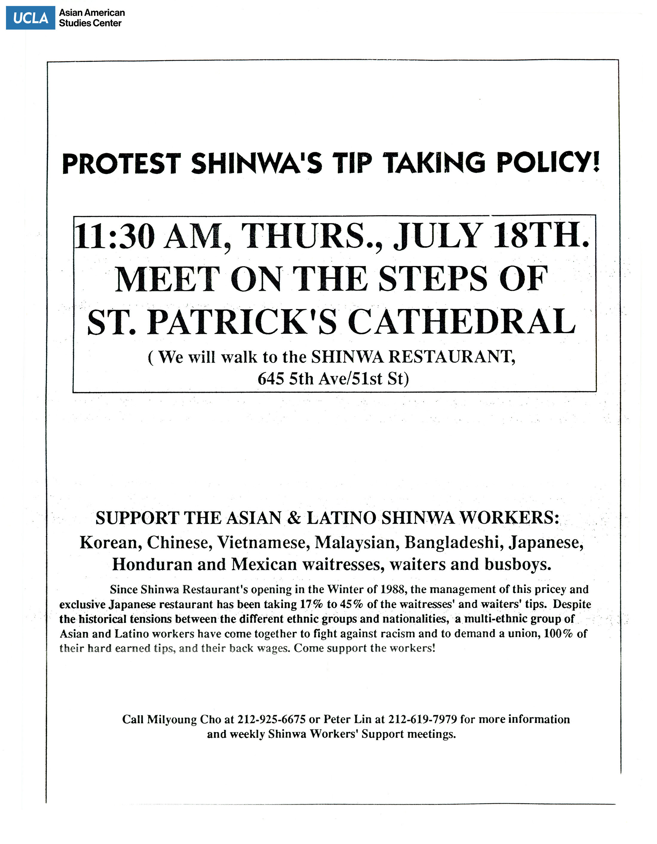 Flyer regarding the protest of Shinwa restaurant for taking server tips and unfair labor practices.