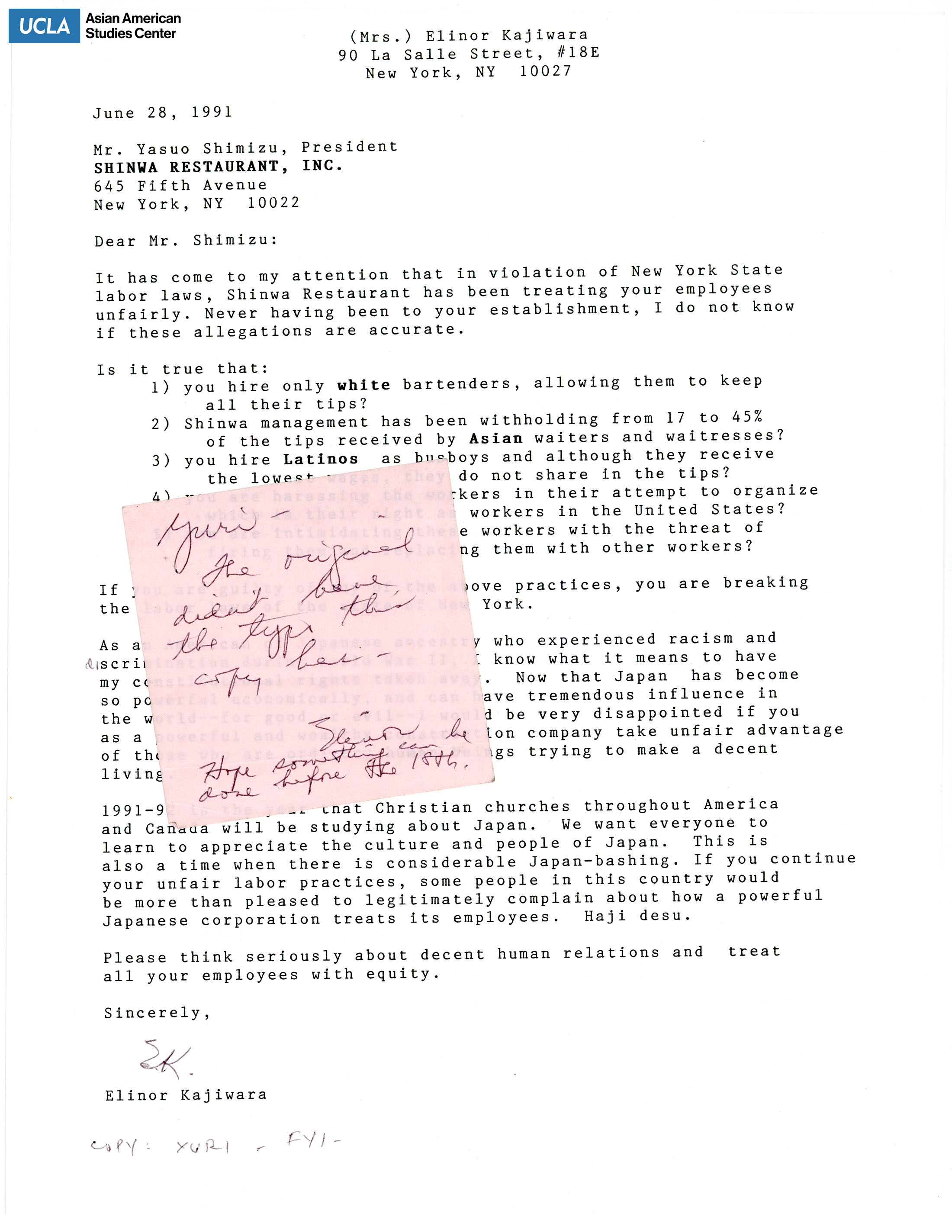 Letter addressed to Yasuo Shimizu, President, regarding their violation on New York labor laws.