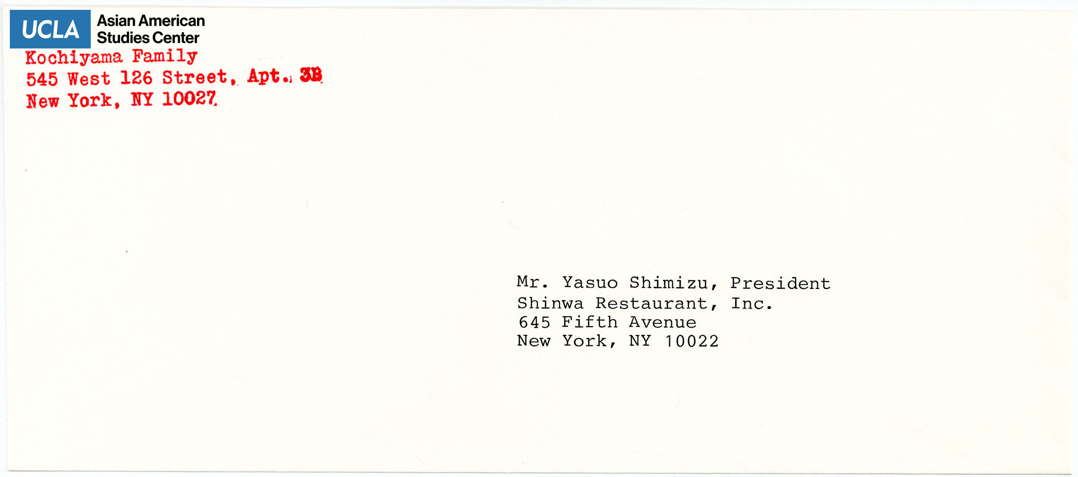 Envelope addressed to Yasuo Shimizu, President of Shinwa restaurant.