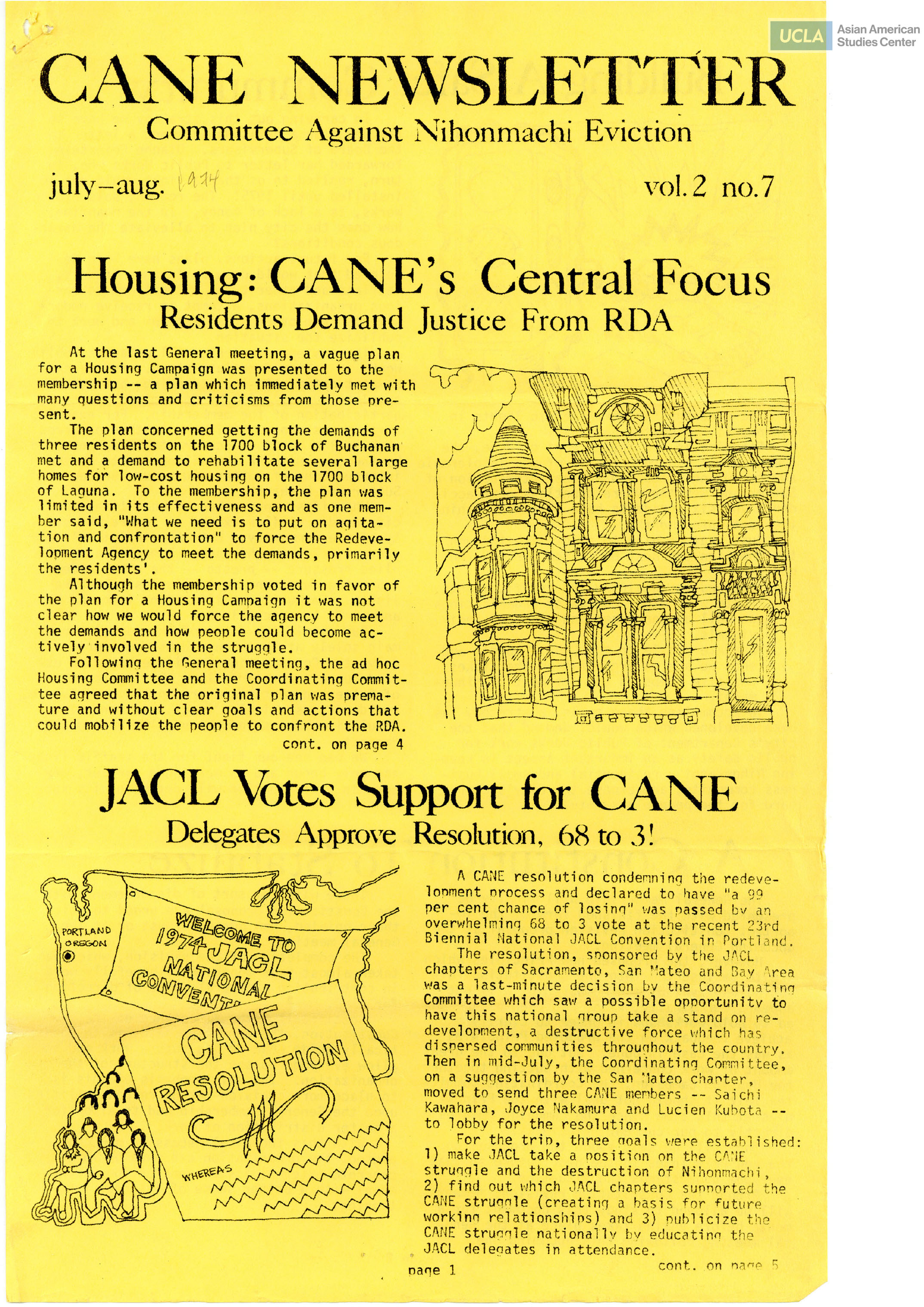 Committee Against Nihonmachi Eviction (CANE) newsletter regarding current events, agenda, and general information.
