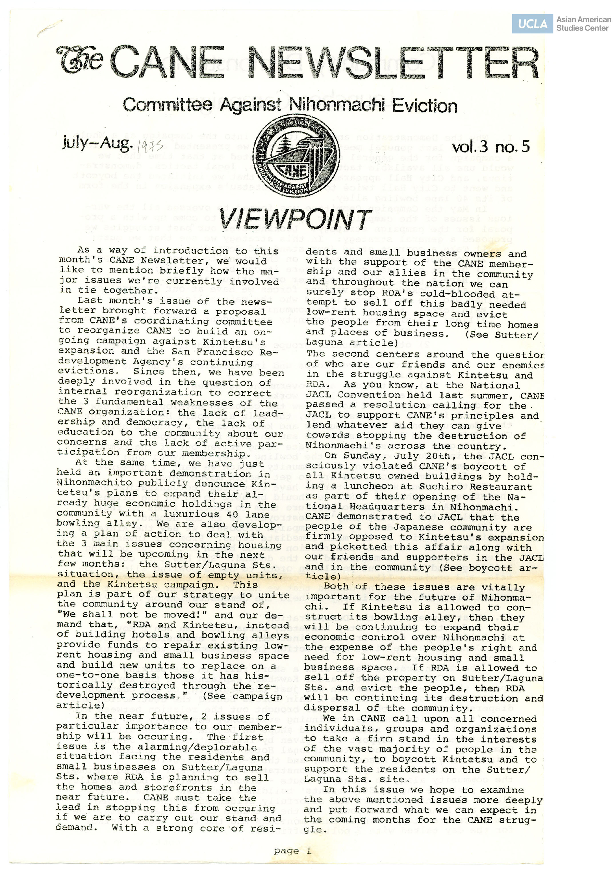 Committee Against Nihonmachi Eviction (CANE) newsletter regarding current events, agenda, and general information.