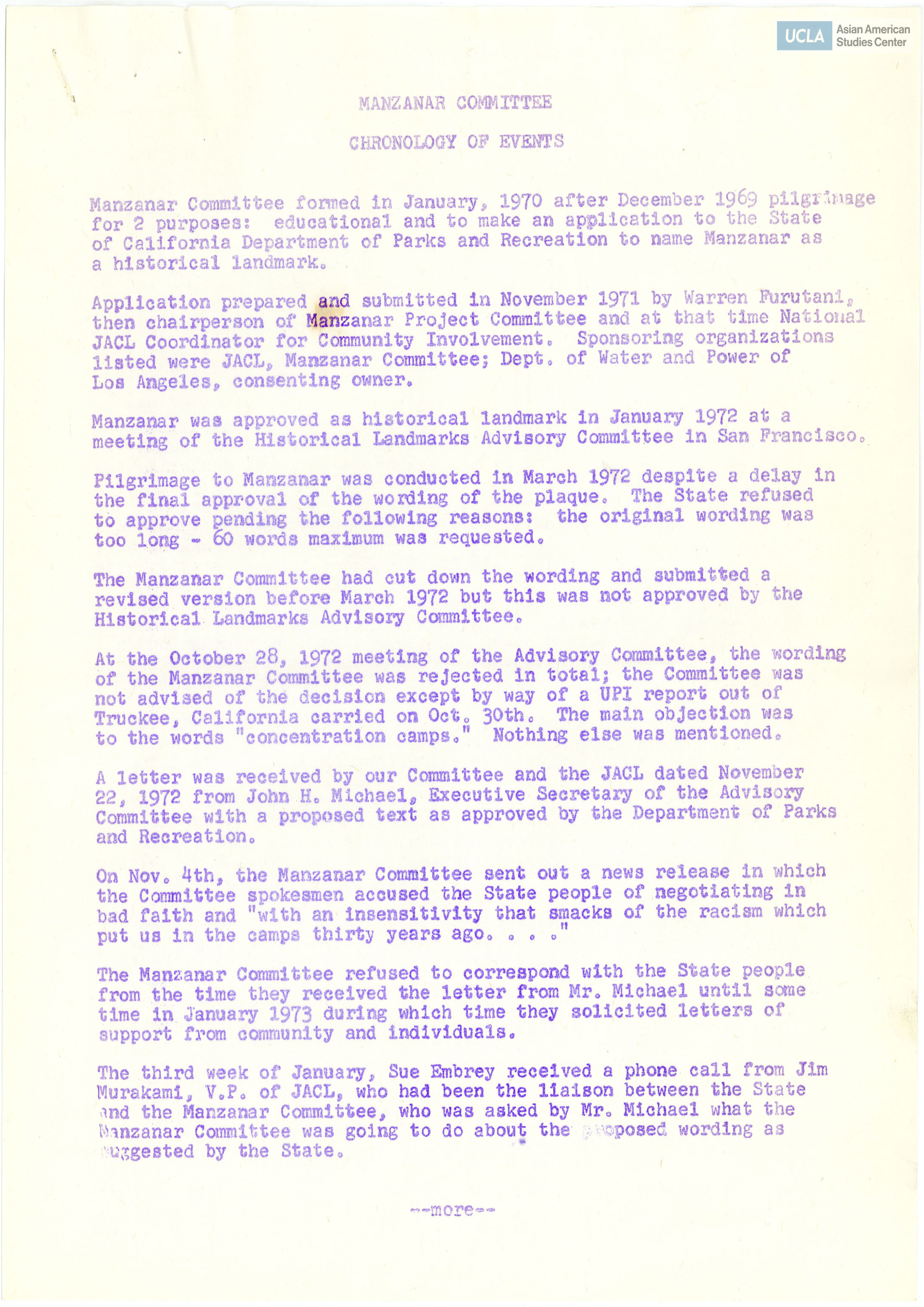 Chronology of events of the Manzanar Relocation Center and how it would become a historical landmark.