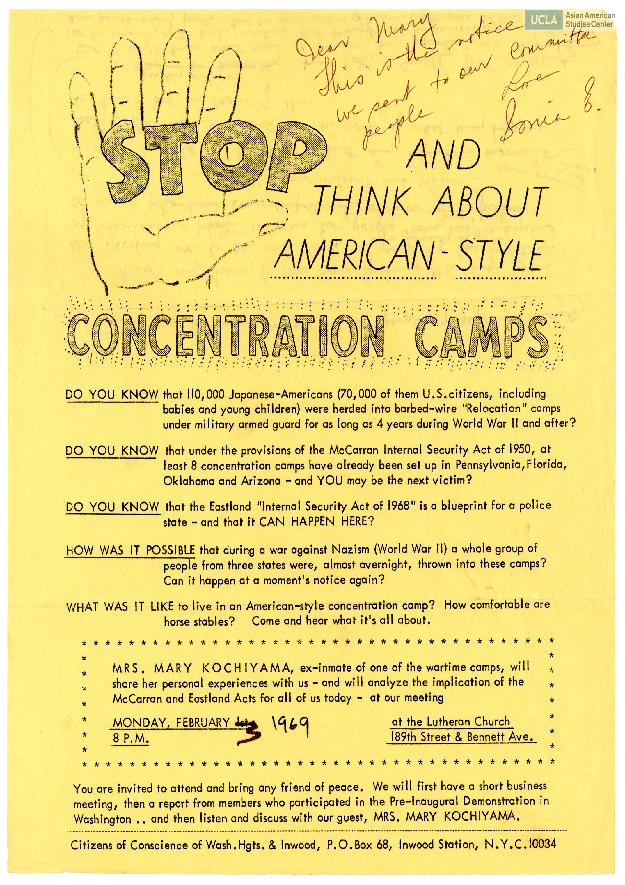 Flyer regarding an event on the repeal of the Emergency Detention Act of 1950. Yuri Kochiyama will speak at event on her personal experiences during the camps.