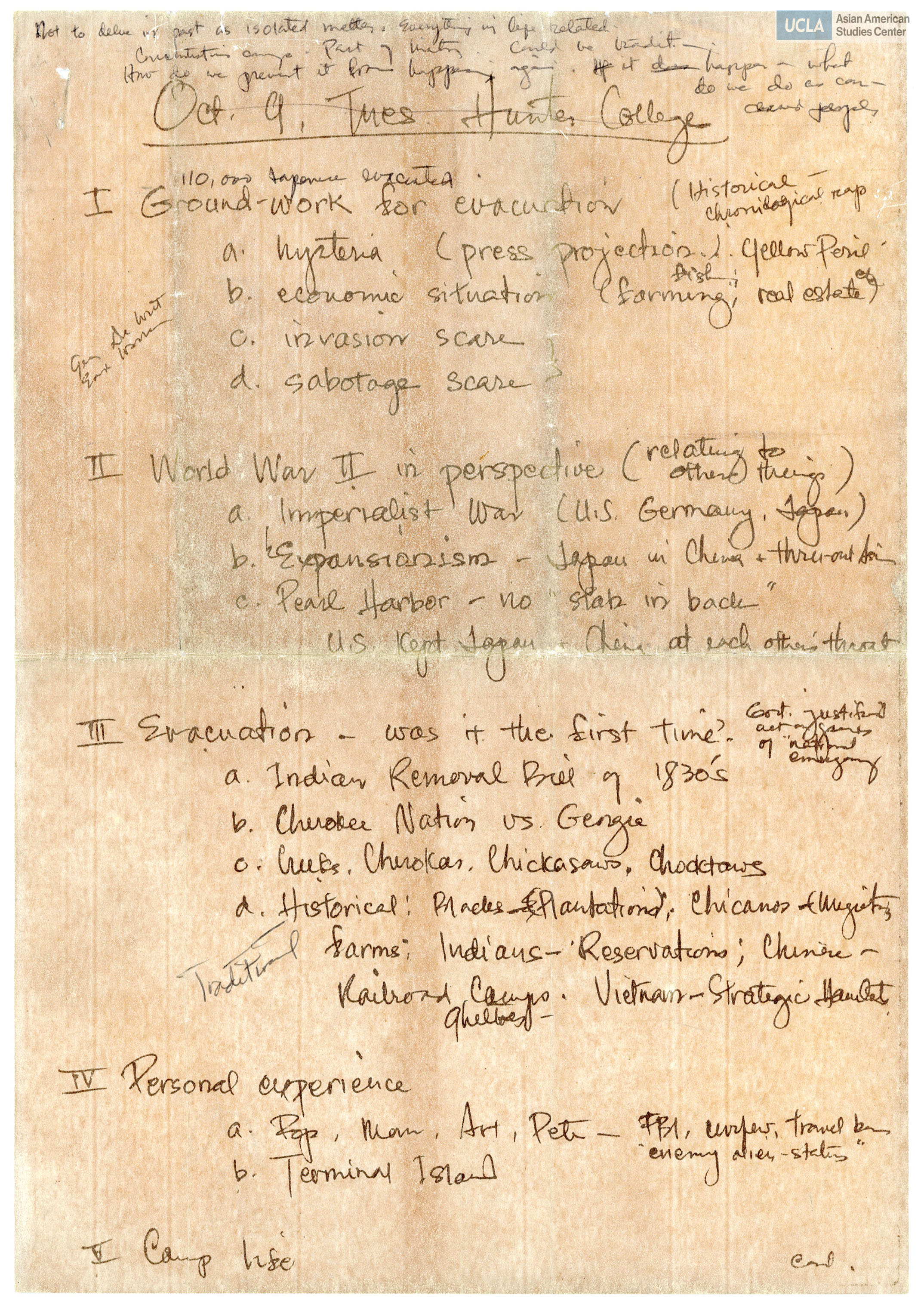 Hand-written notes on the perspective experiences during the World War II incarceration of Japanese Americans.