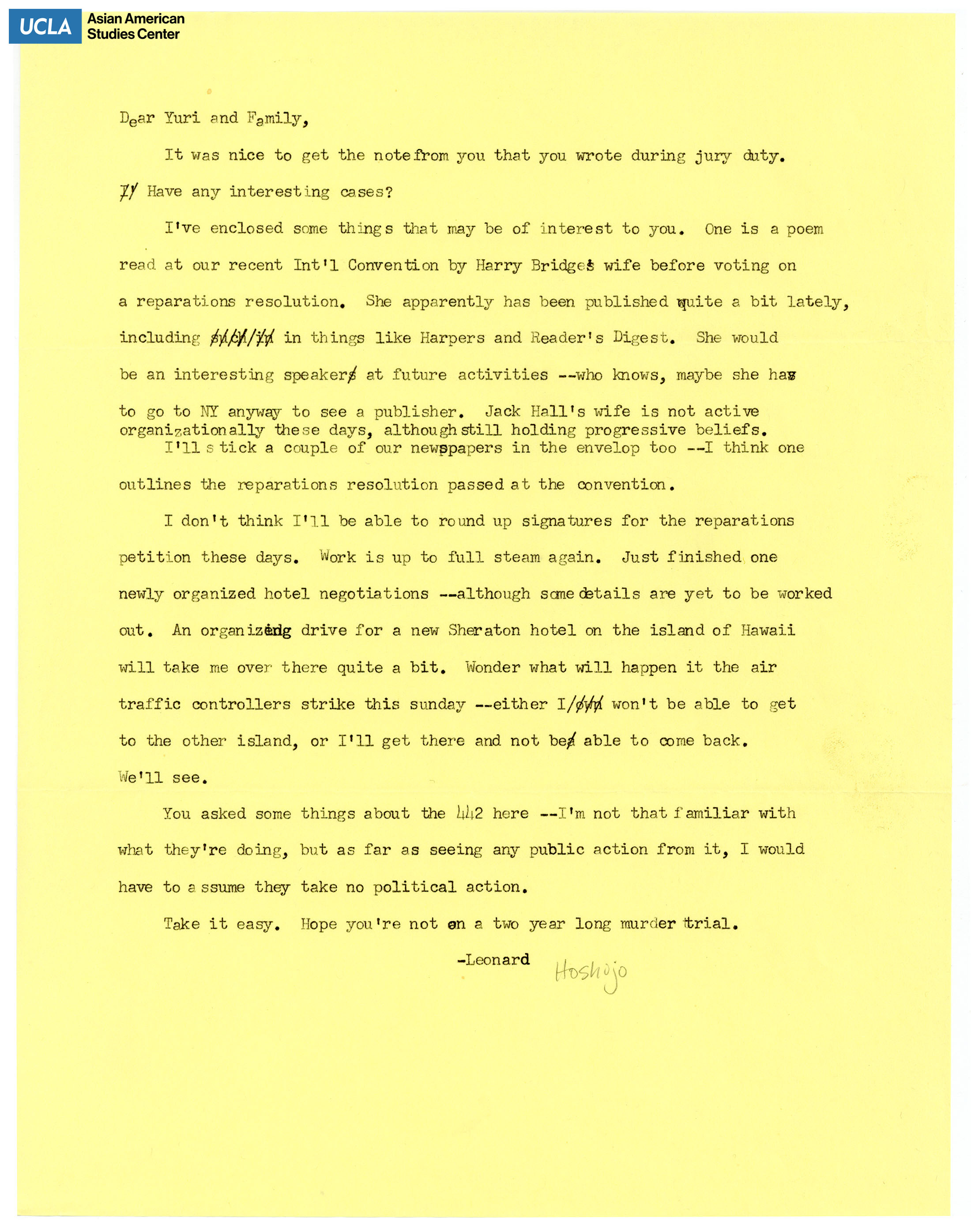 Letter addressed to Yuri Kochiyama and family on collecting signatures for the reparations petitions.