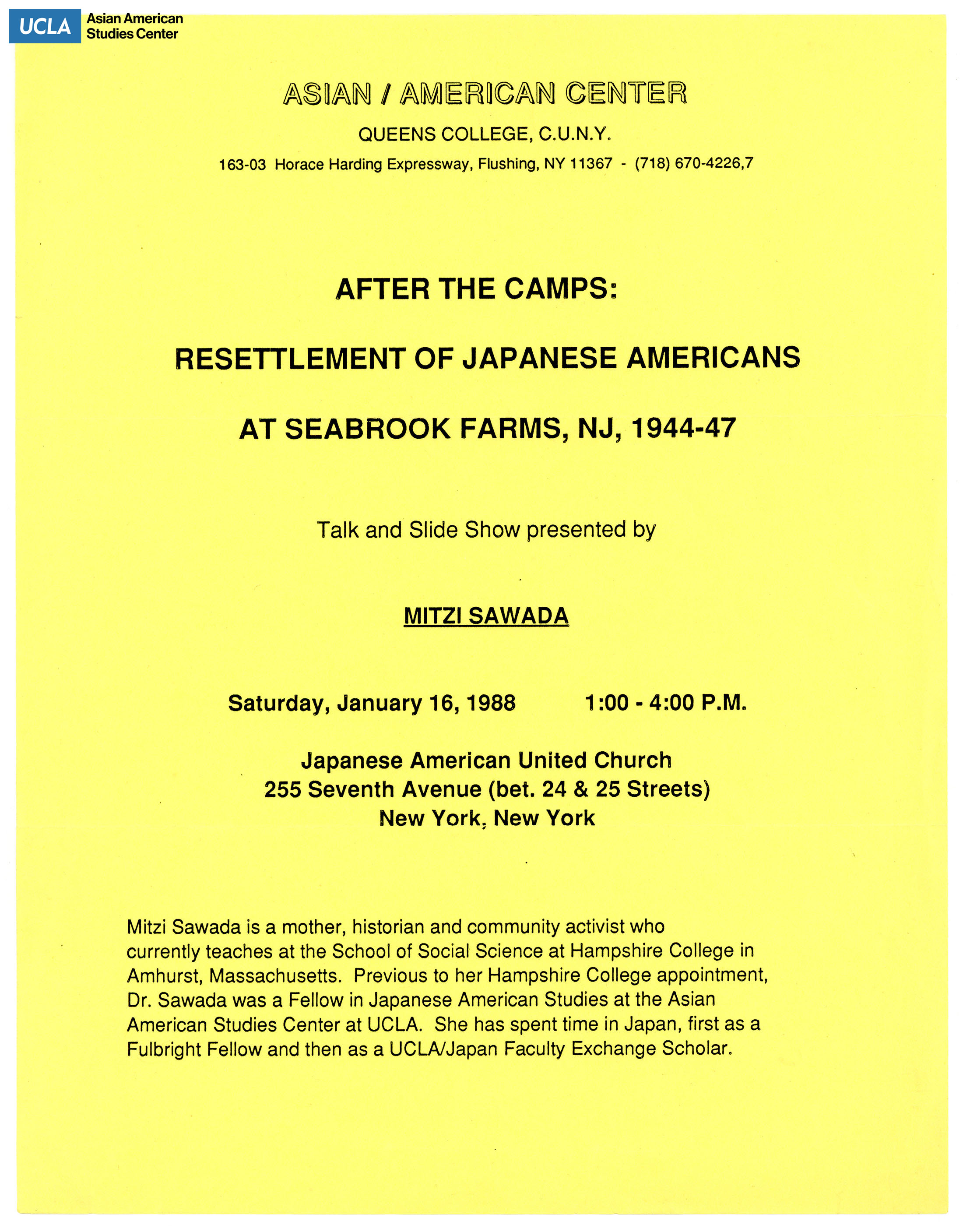 Flyer regarding the resettlement of Japanese Americans at Seabrook Farms, New Jersey.