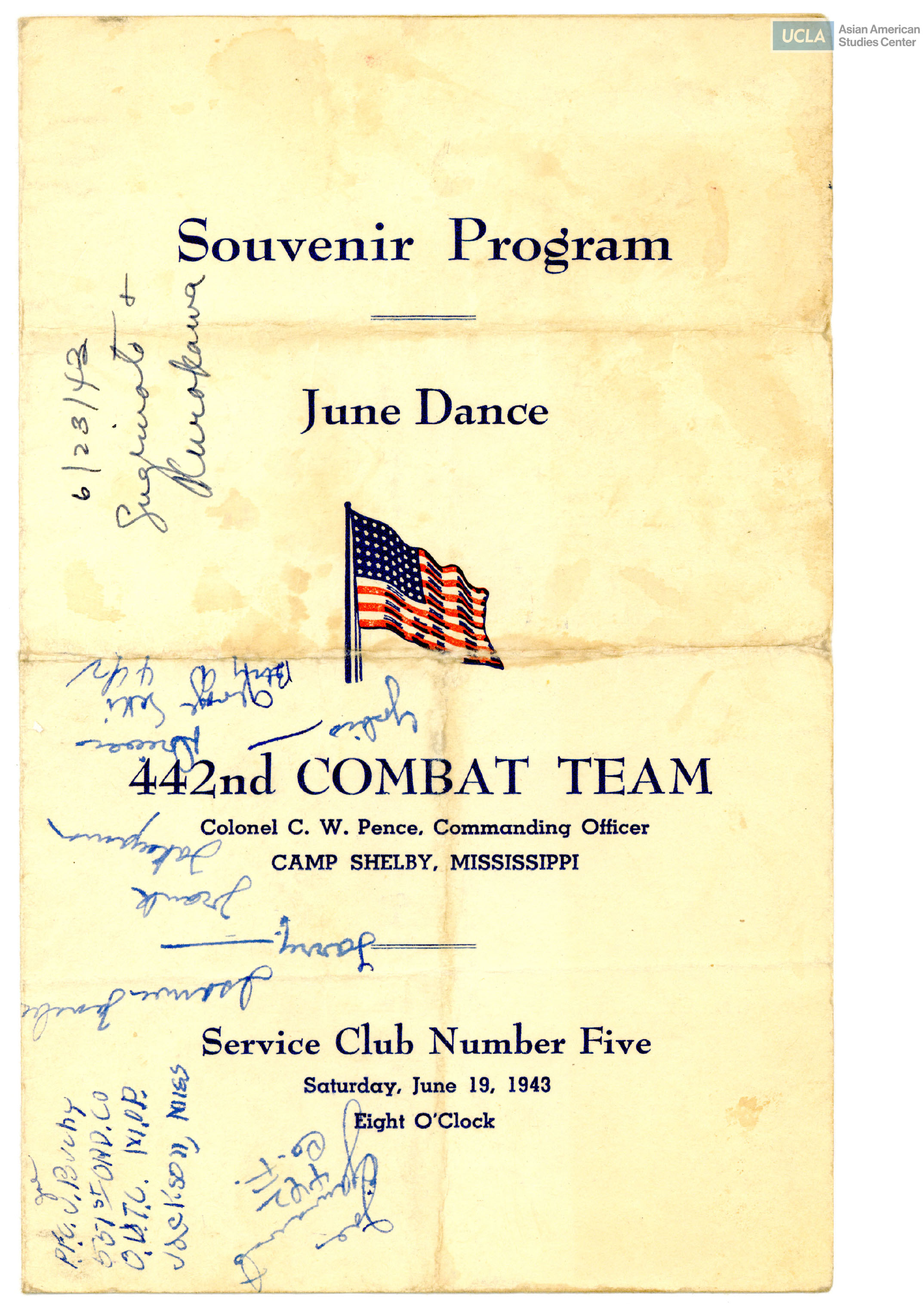 Program for event of 442nd Combat Team, Colonel C. W. Pence, Commanding Officer.