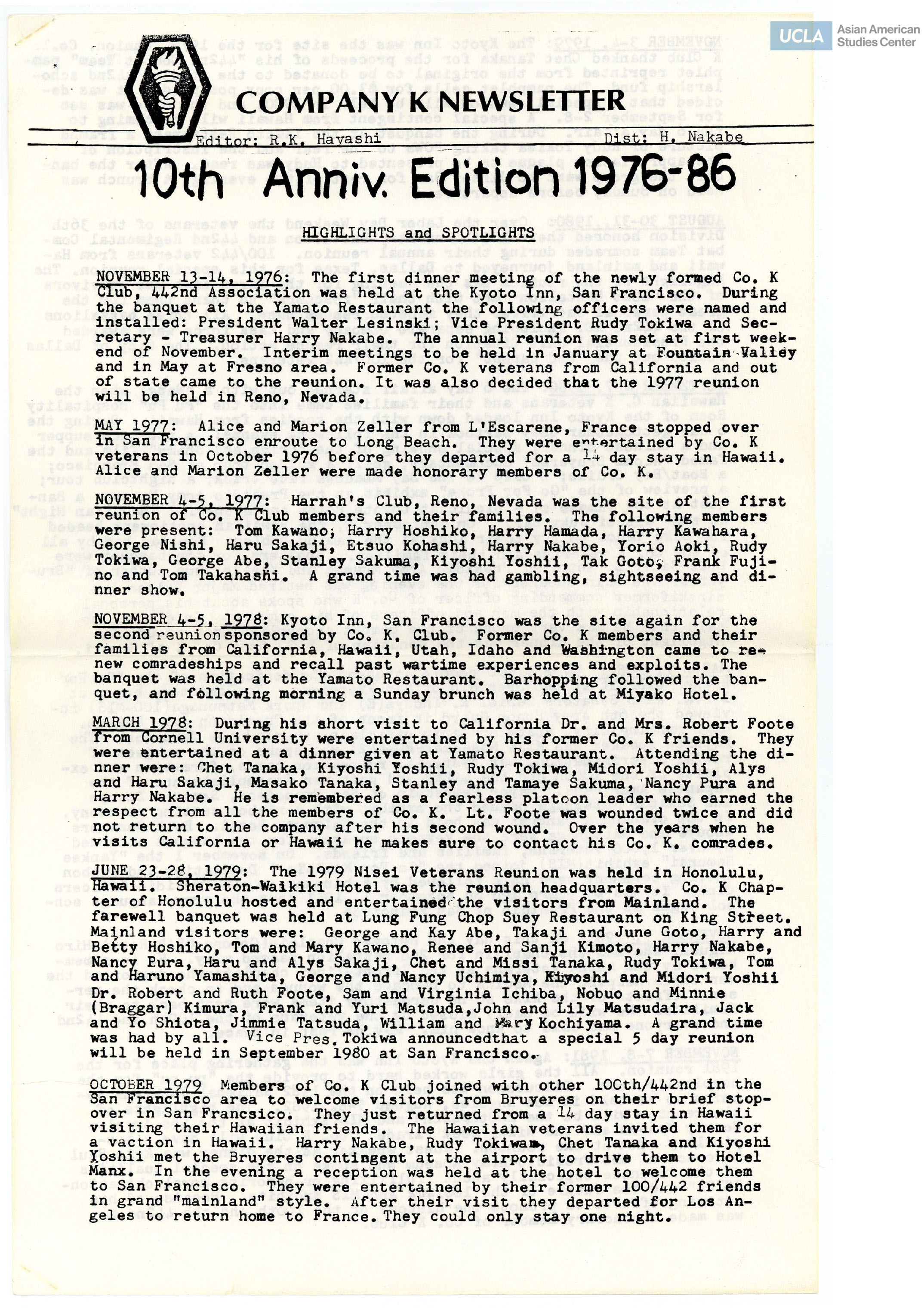 Highlights of events from 1976-1986. R.K. Hayashi, editor, and H. Nakabe, distributor.