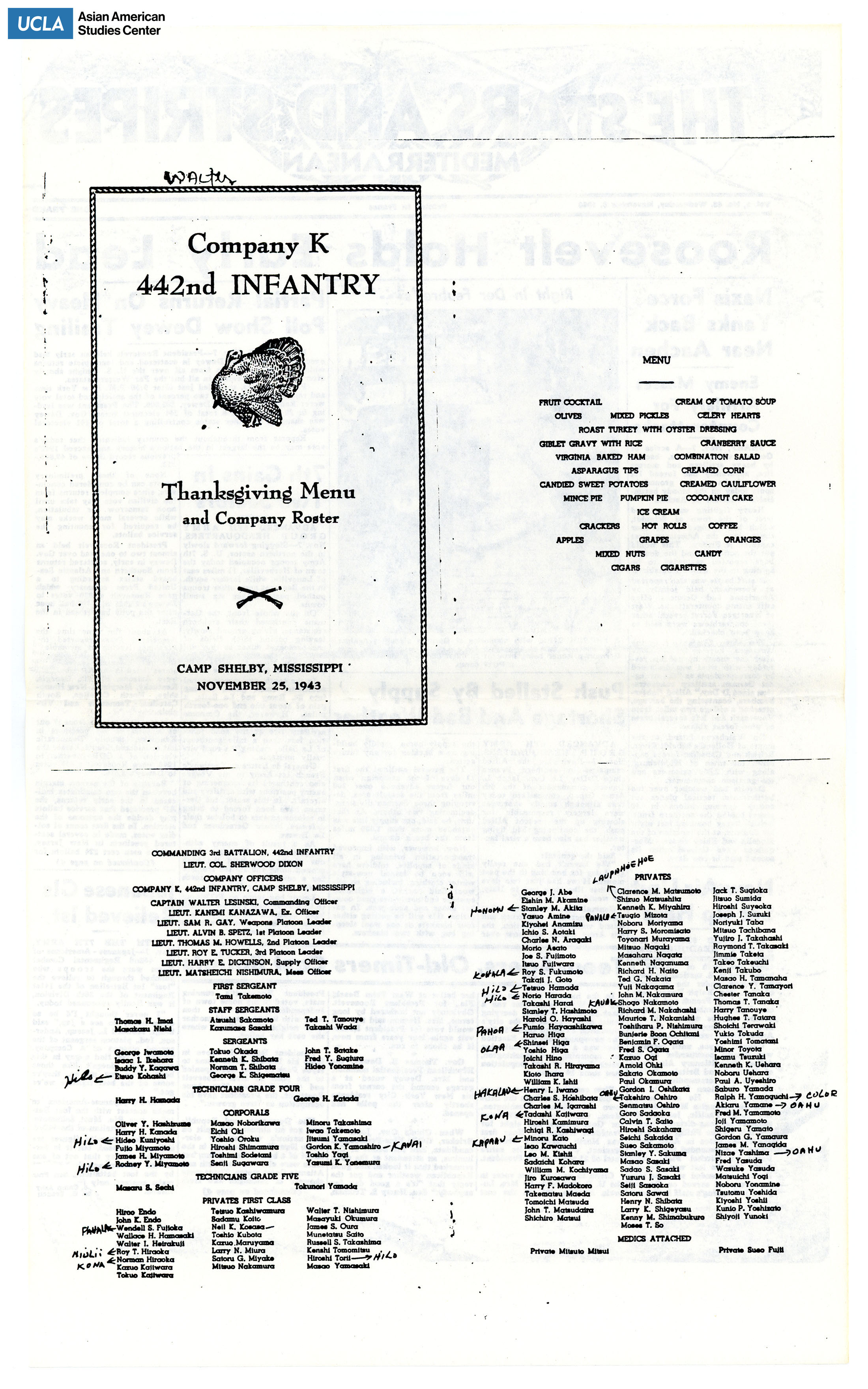 Company K Thanksgiving menu for the veterans of the 442nd Regimental Combat Infantry. Includes guest names of attendance.