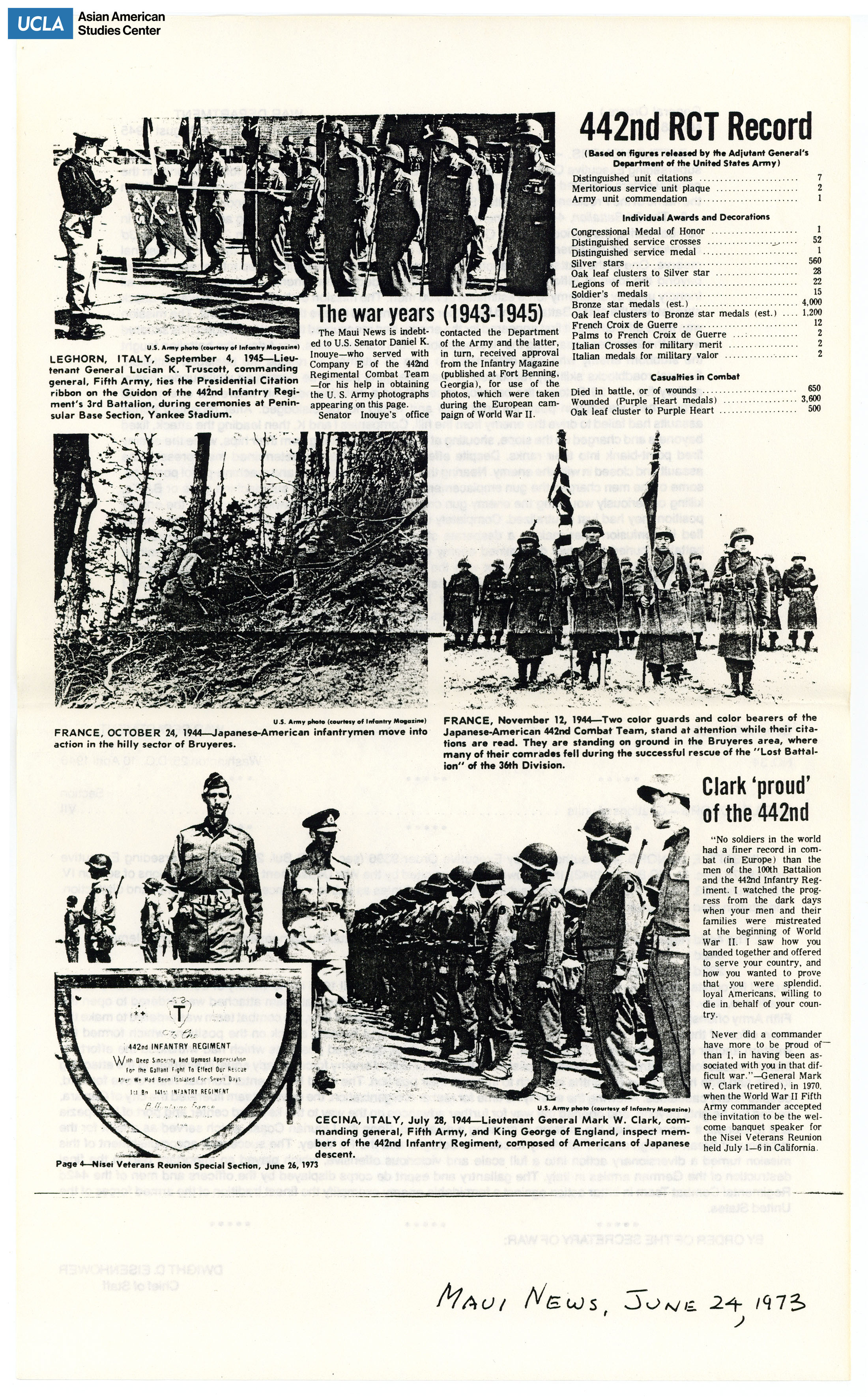 The 442nd Regimental Combat Team records and awards.