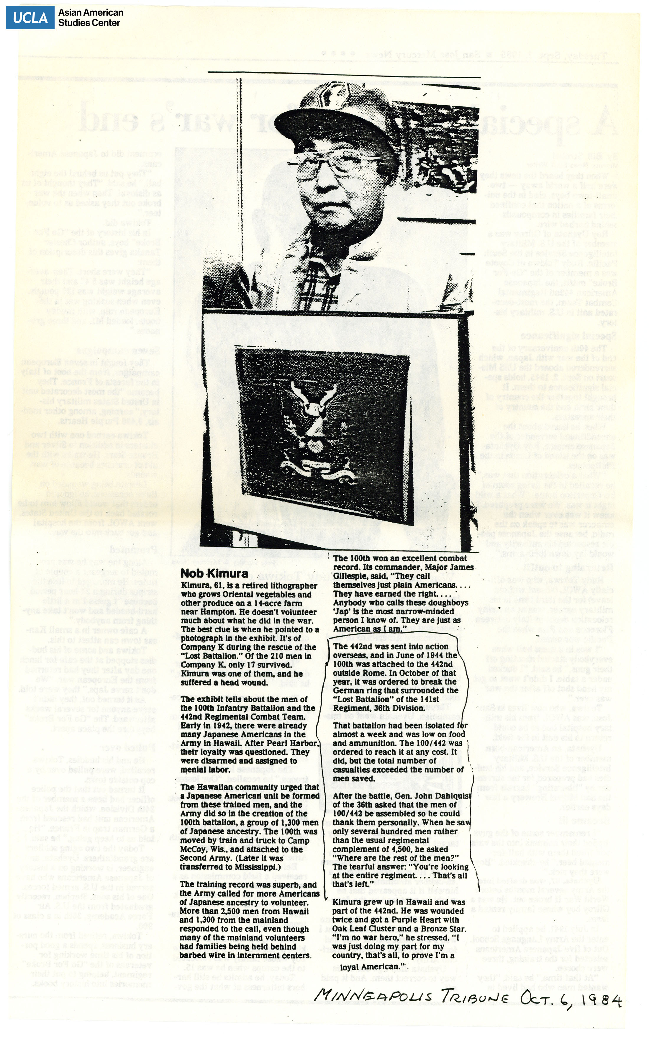 Article on Nob Kimura's experience during the 442nd Regimental Combat Team.