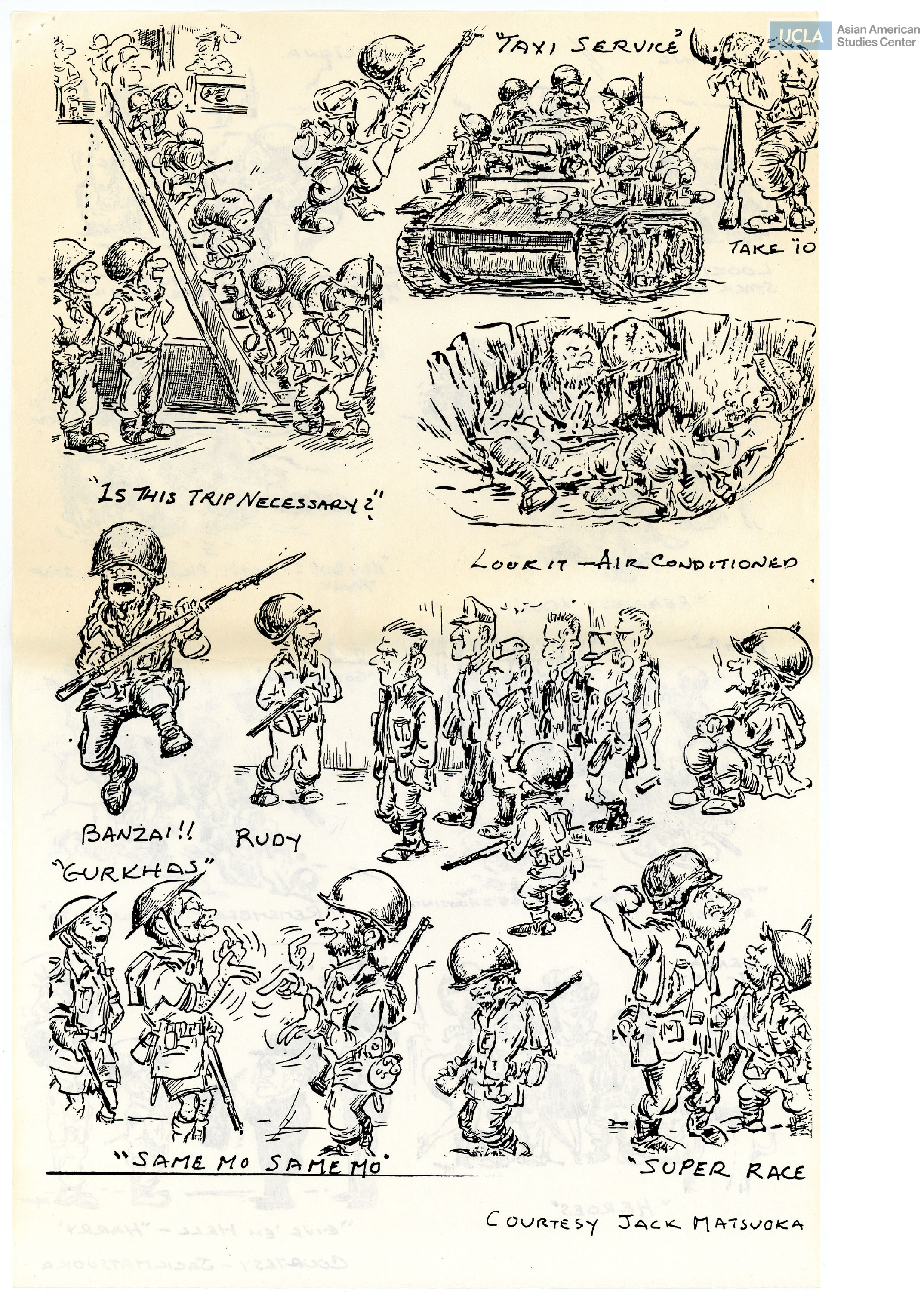 Cartoon drawings of 442nd Regimental Combat Team. Courtesy of Jack Matsuoka.