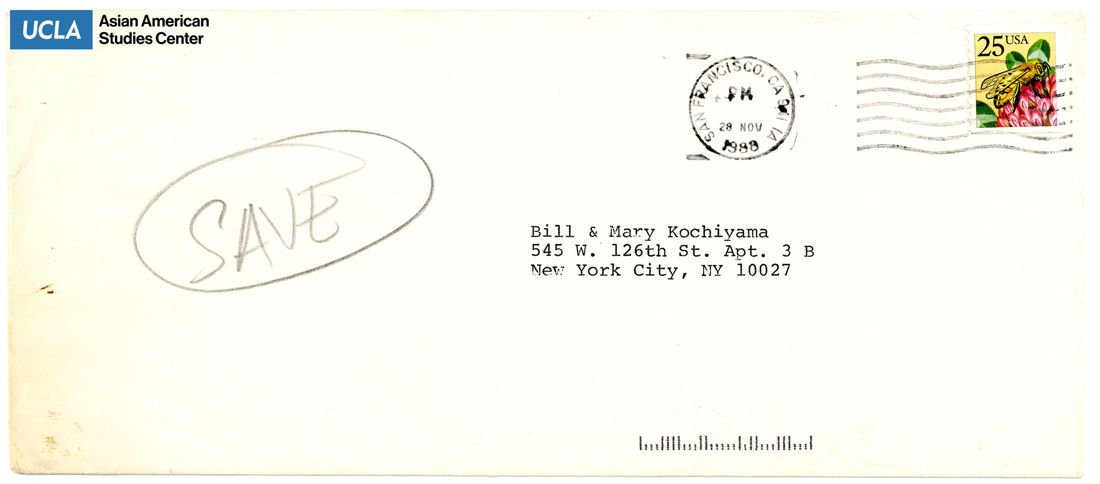 Envelope addressed to Bill and Yuri Kochiyama. Postmarked on November 28, 1988