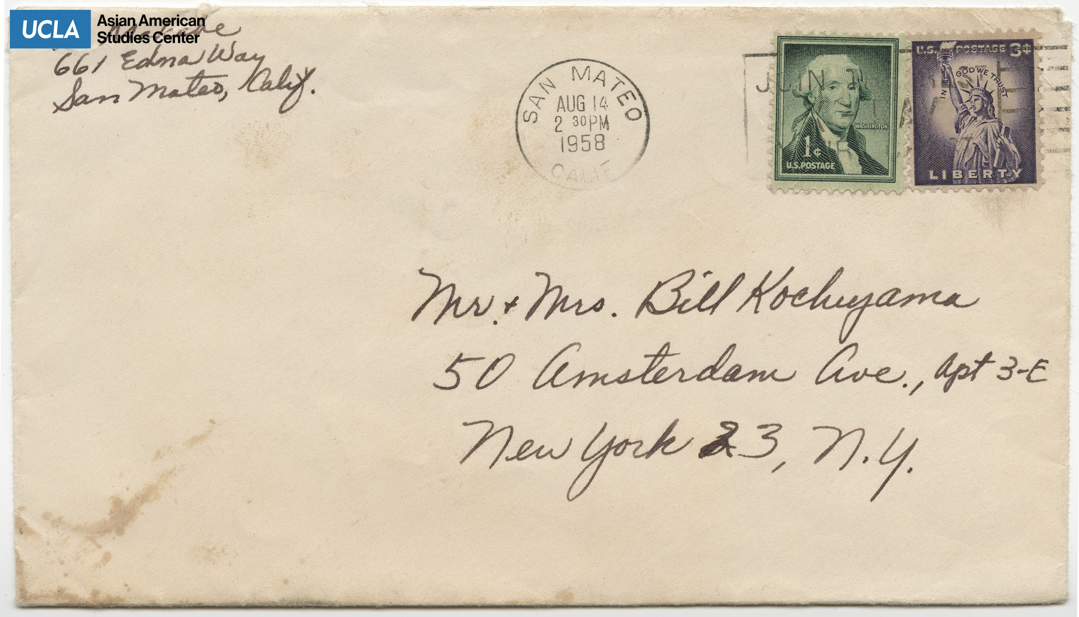 Envelope addressed to Bill and Yuri Kochiyama. Postmarked on August 14, 1958.