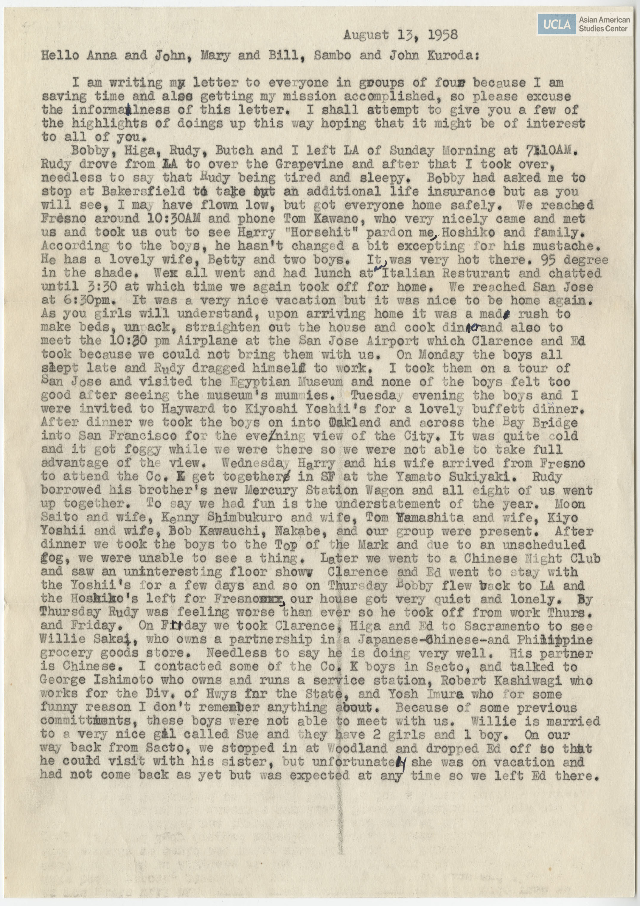 Letter regarding trip to San Francisco for the Company K reunion.