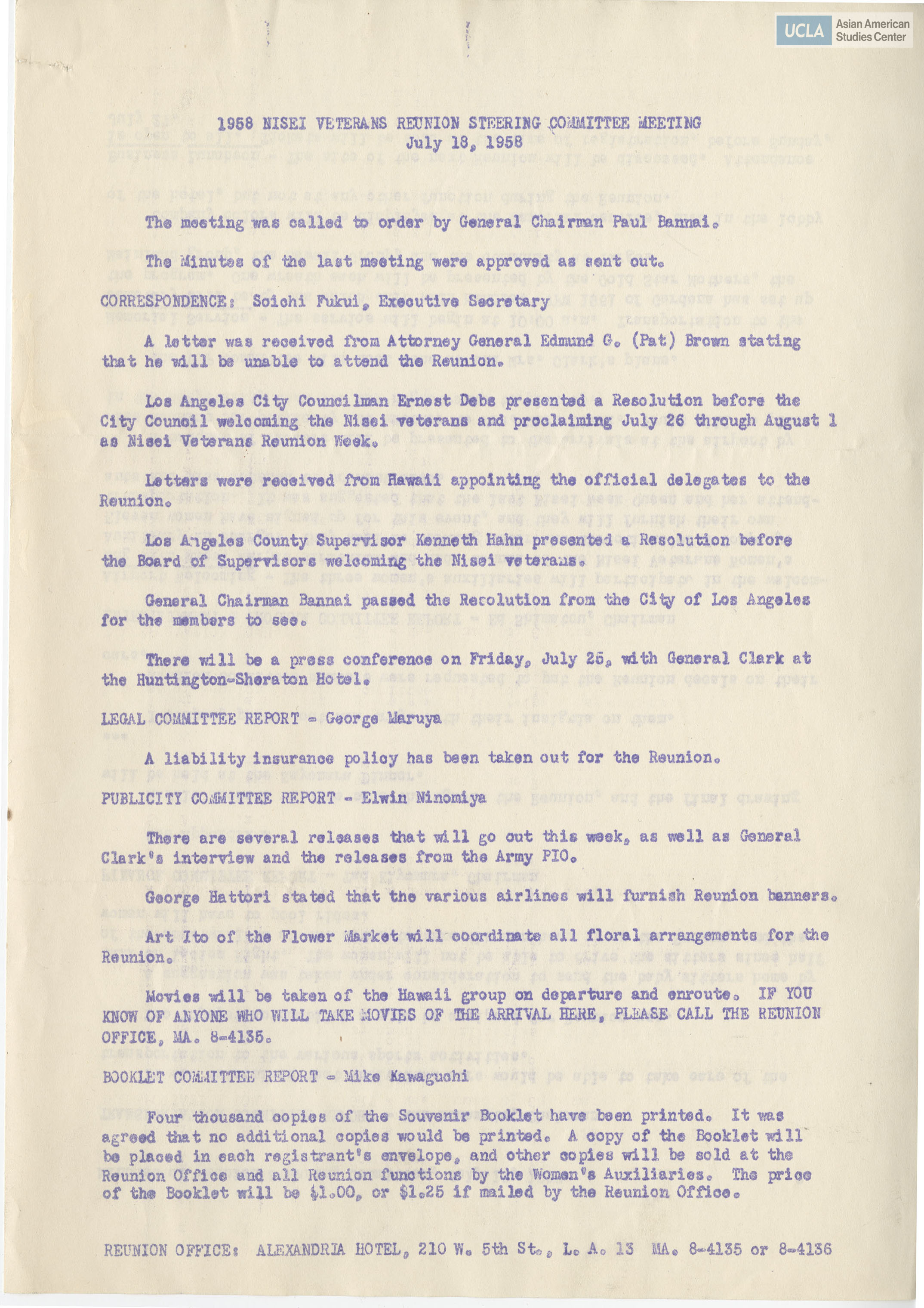 Meeting notes for the Nisei Veterans of Foreign Wars 1958 reunion.