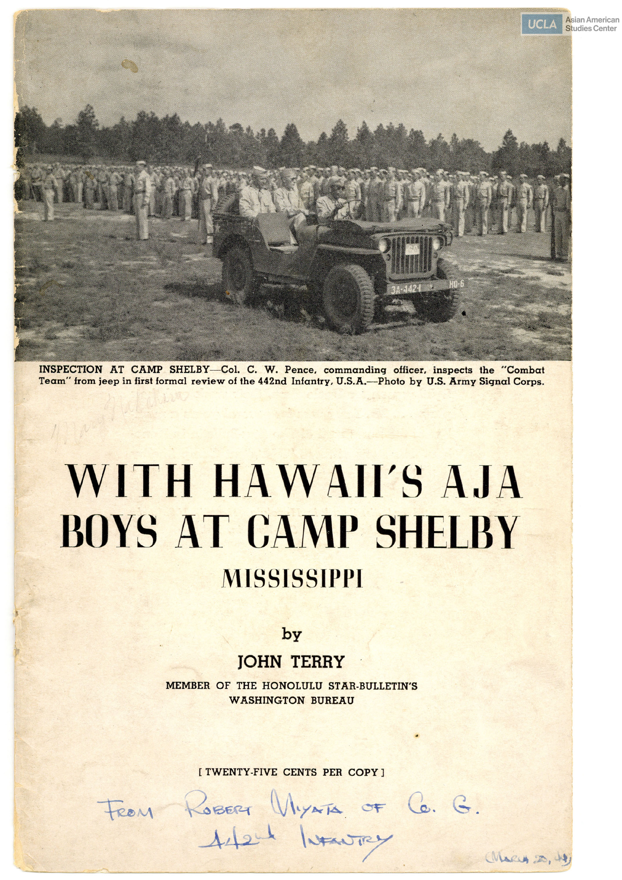 Booklet regarding the 442nd Infantry at Camp Shelby, Mississippi. Includes events, trainings, experiences, and life at Camp Shelby.