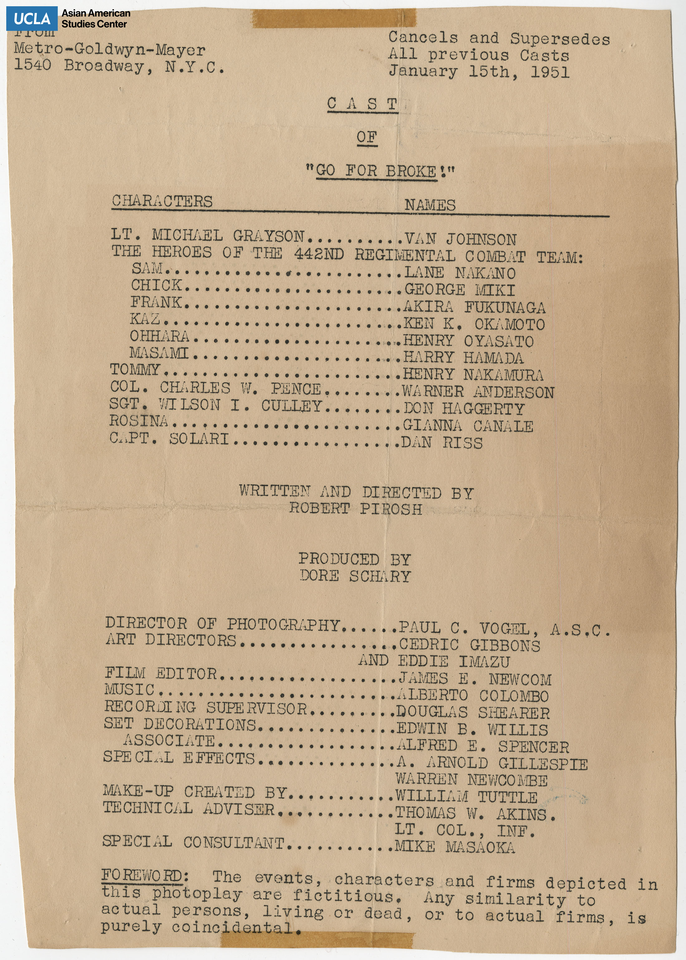 Cast and production crew listing of film, 