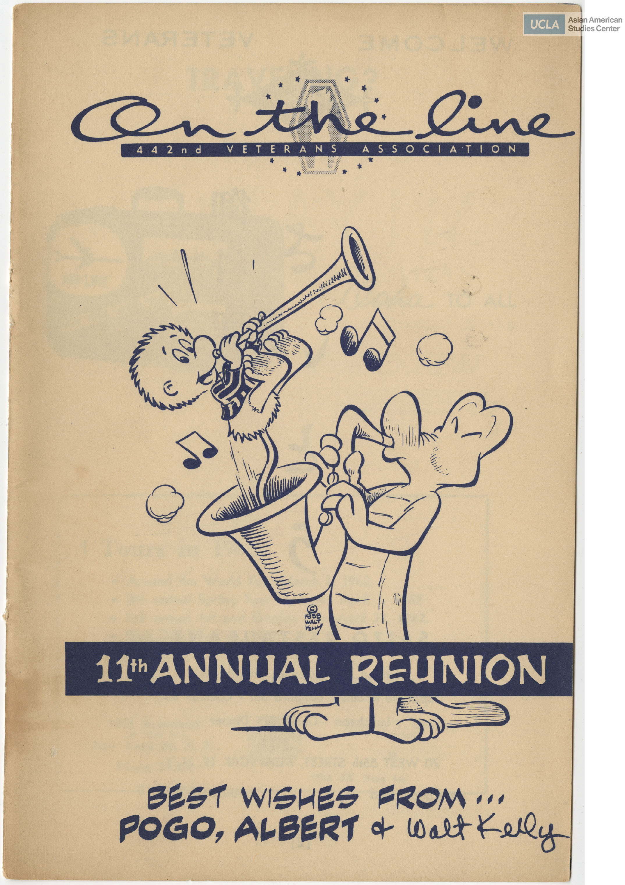 Best wishes from Pogo Albert and Walt Kelly. Includes directory of 442nd veterans, local advertisements, and various upcoming events.