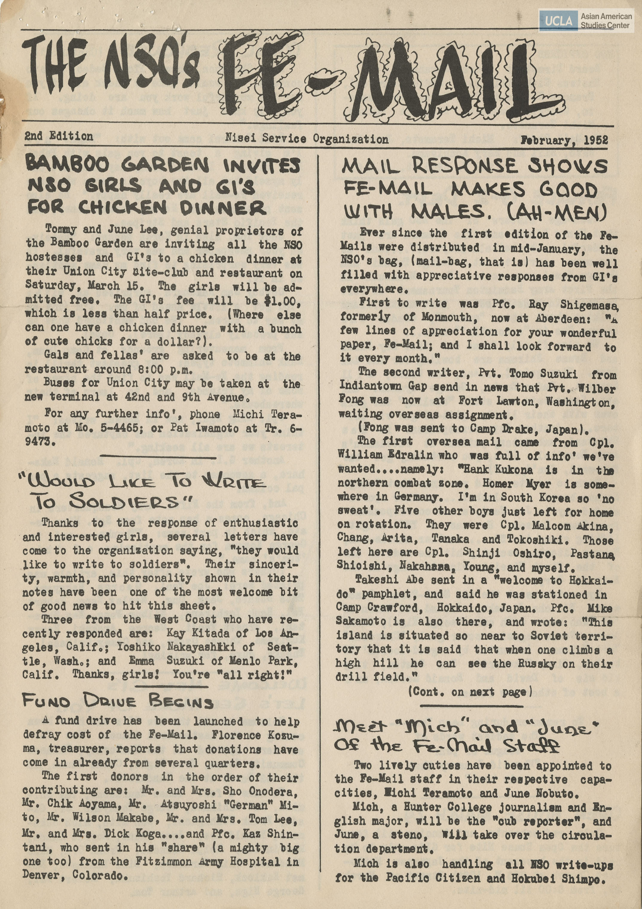Nisei Service Organization Fe-Mail newsletter regarding writing letters to G.I.'s during the Korean War.
