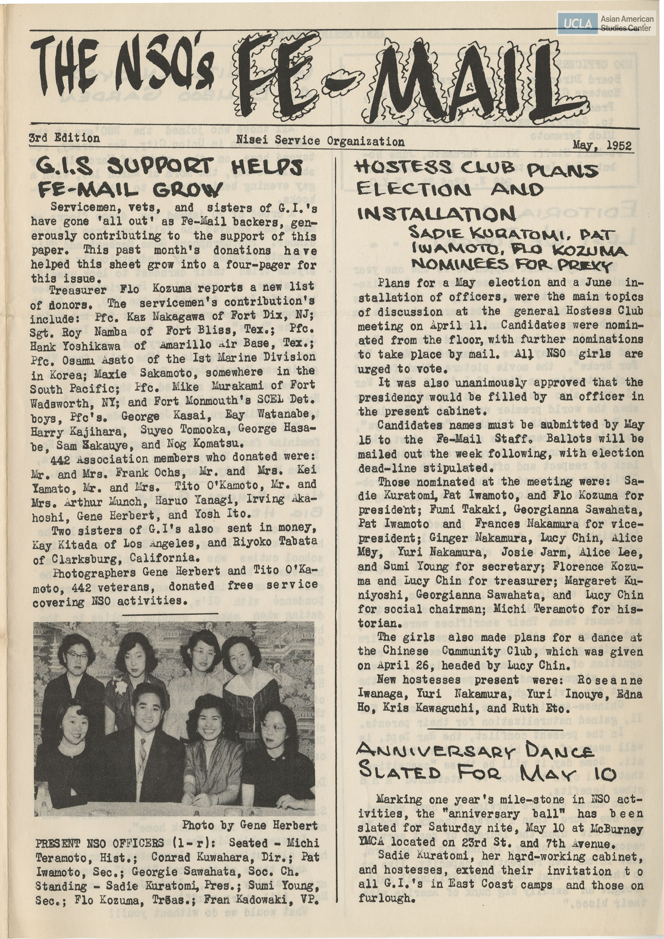 Nisei Service Organization Fe-Mail newsletter regarding writing letters to G.I.'s during the Korean War.