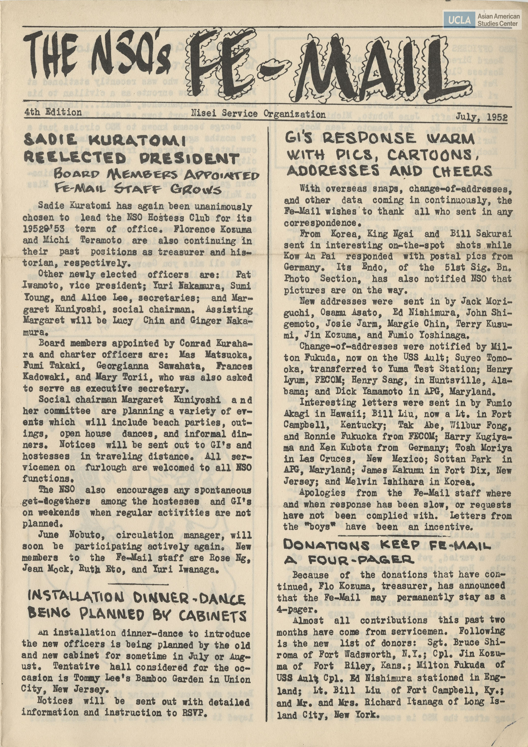 Nisei Service Organization Fe-Mail newsletter regarding writing letters to G.I.'s during the Korean War.