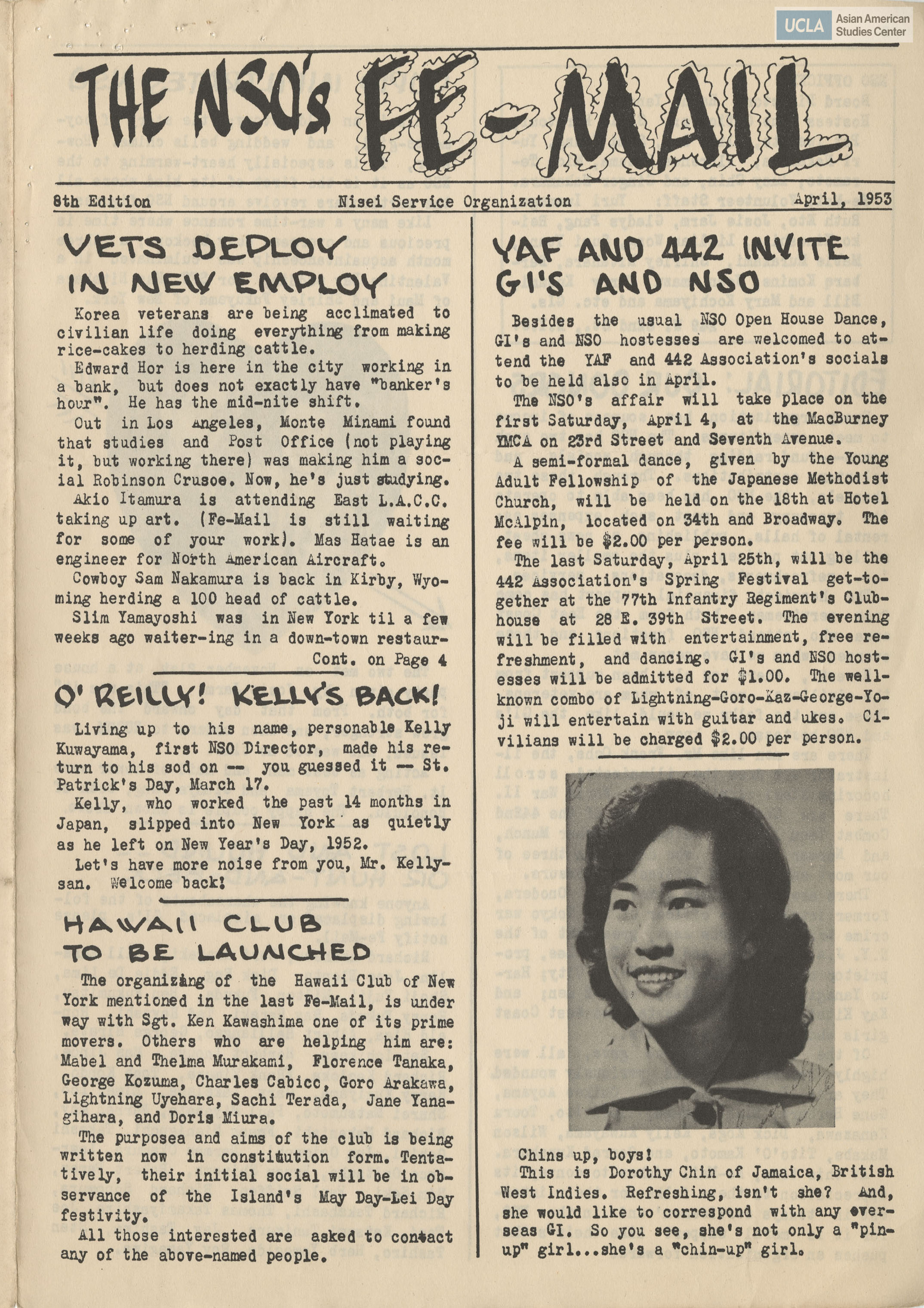 Nisei Service Organization Fe-Mail newsletter regarding writing letters to G.I.'s during the Korean War.