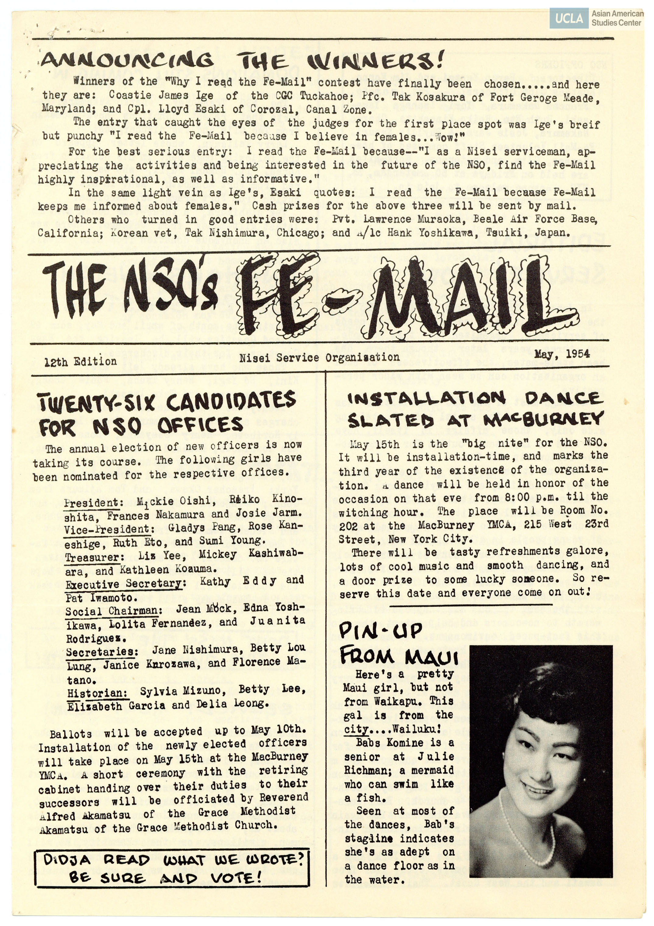 Nisei Service Organization Fe-Mail newsletter regarding writing letters to G.I.'s during the Korean War.