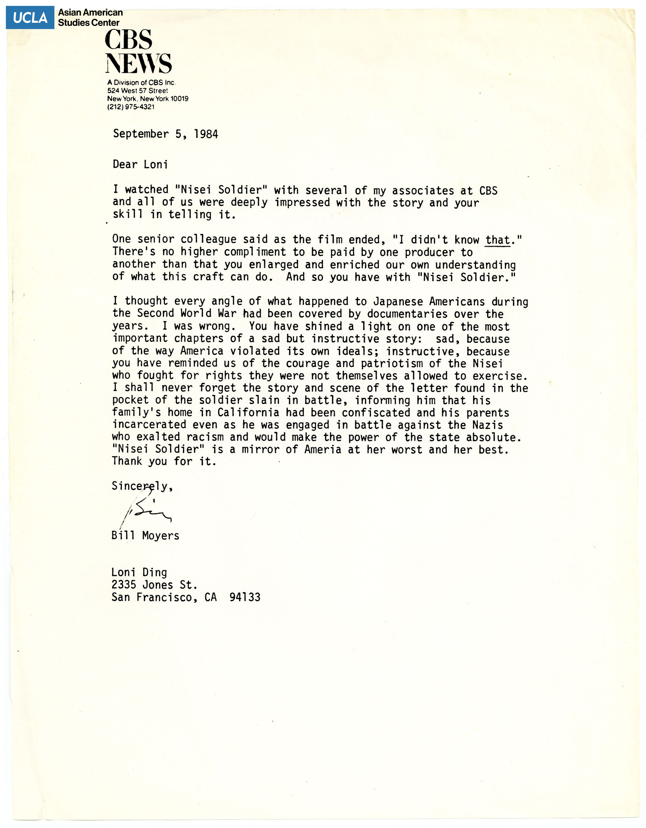 Letter regarding Bill Moyers of CBS News giving thanks and appreciation for film, 