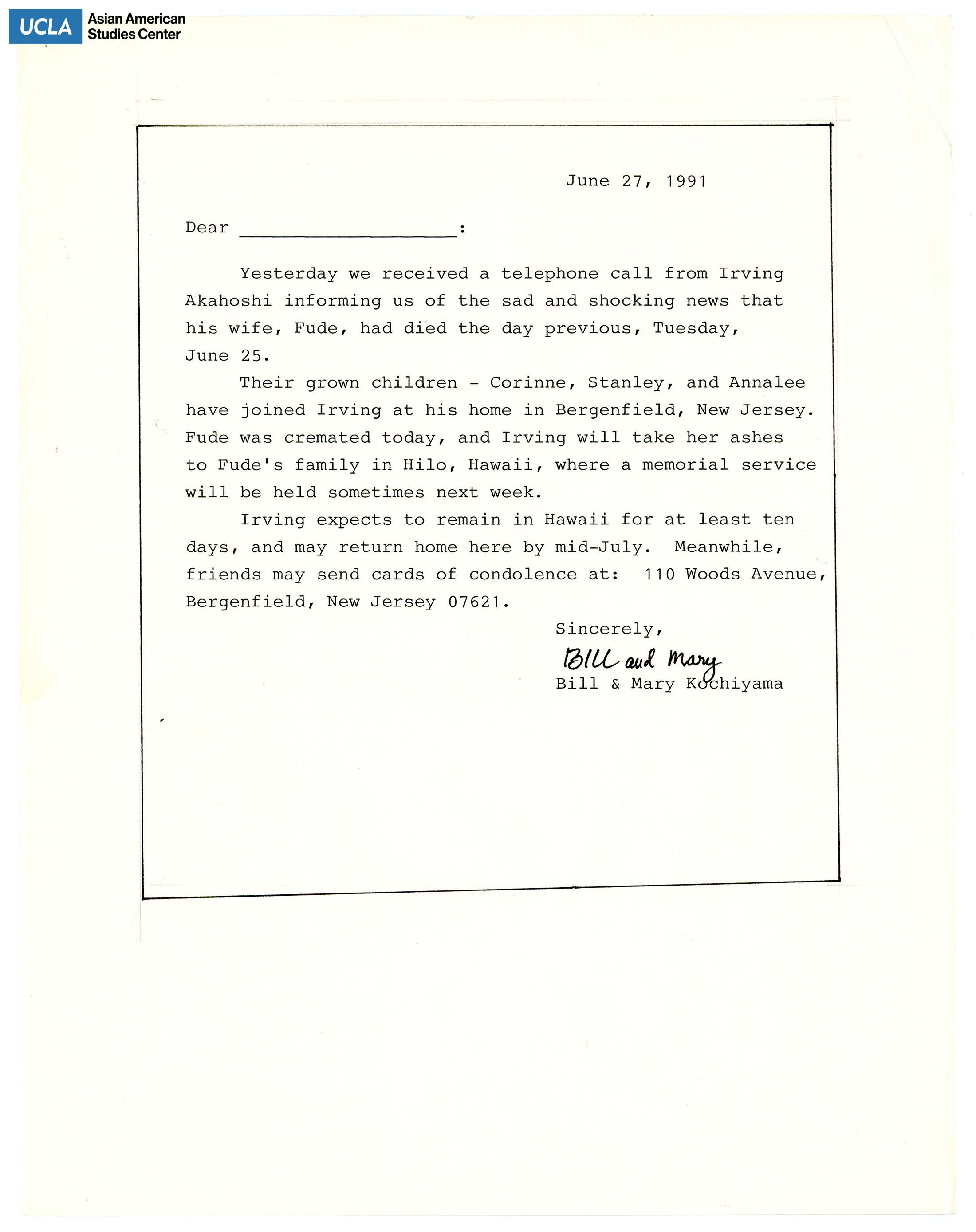 Letter regarding the passing of Fude Irving with a memorial service in Hilo, Hawaii.