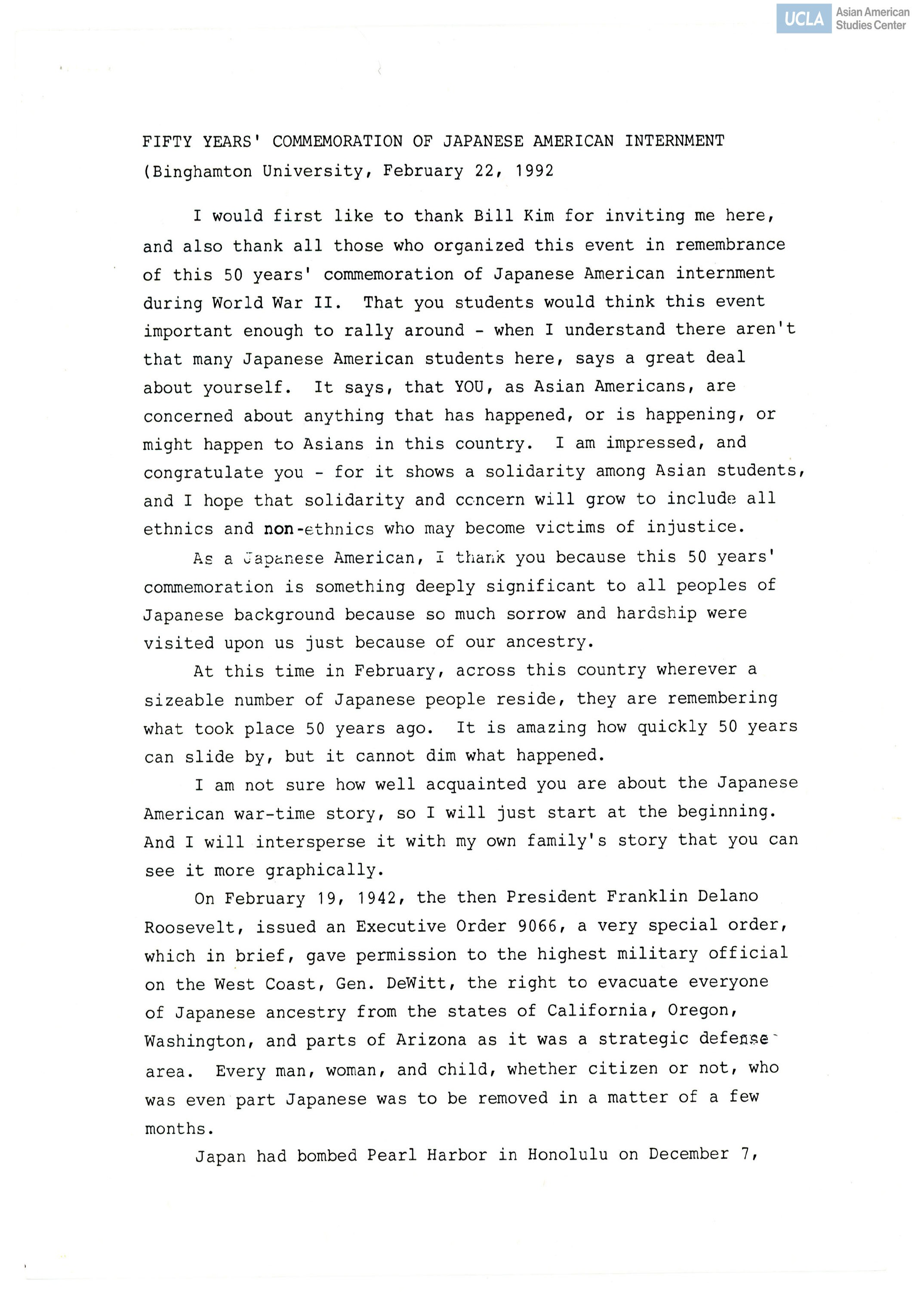 Speech by Yuri Kochiyama recited at Binghamtom University.