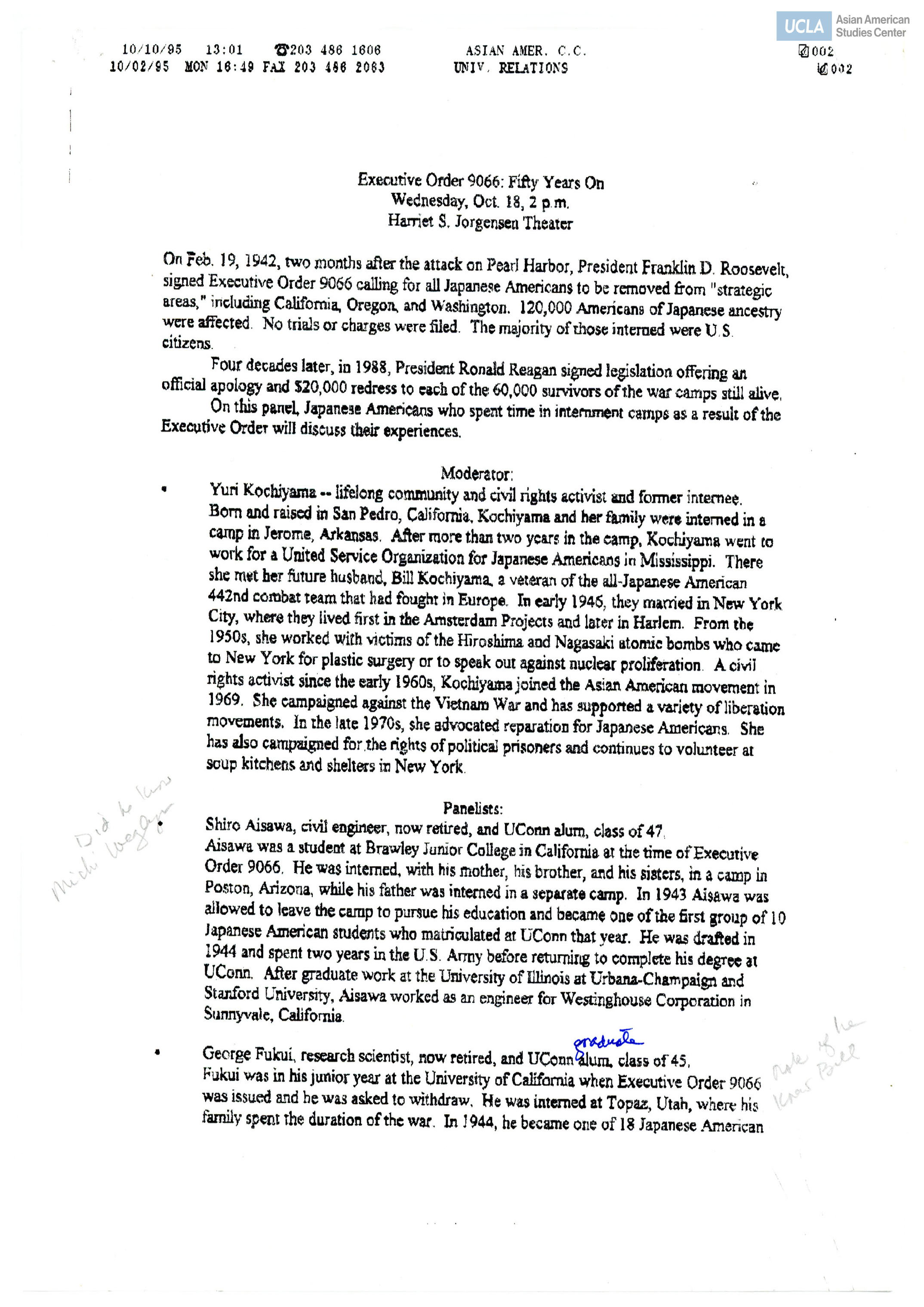 Event Regarding Executive Order 9066: Fifty Years on. Includes moderator and panelist speakers.