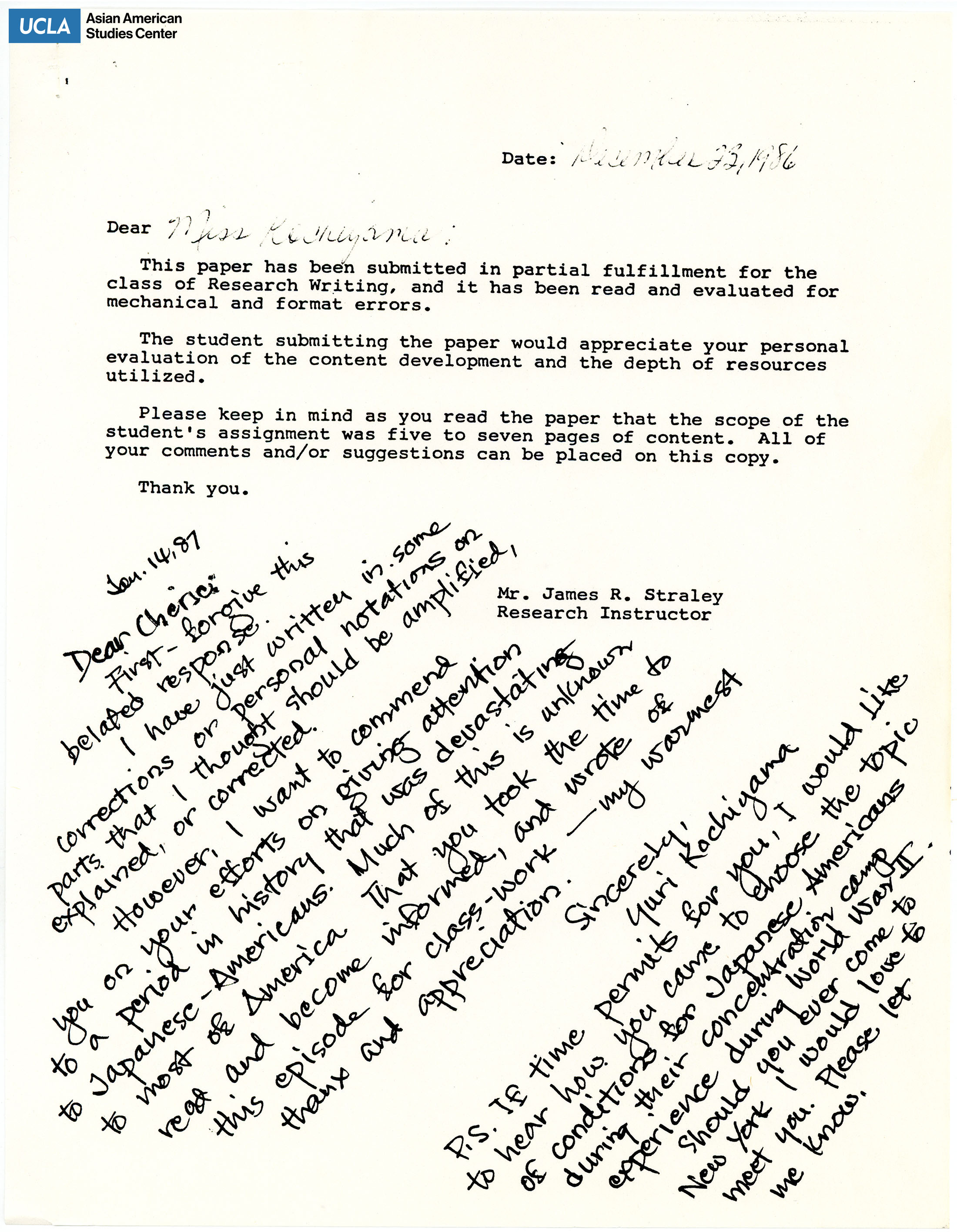 Research Instructor, James R. Straley, on corrections to be made for Cherie Rodgers' research paper. Includes handwritten letter of apology by Yuri Kochiyama.