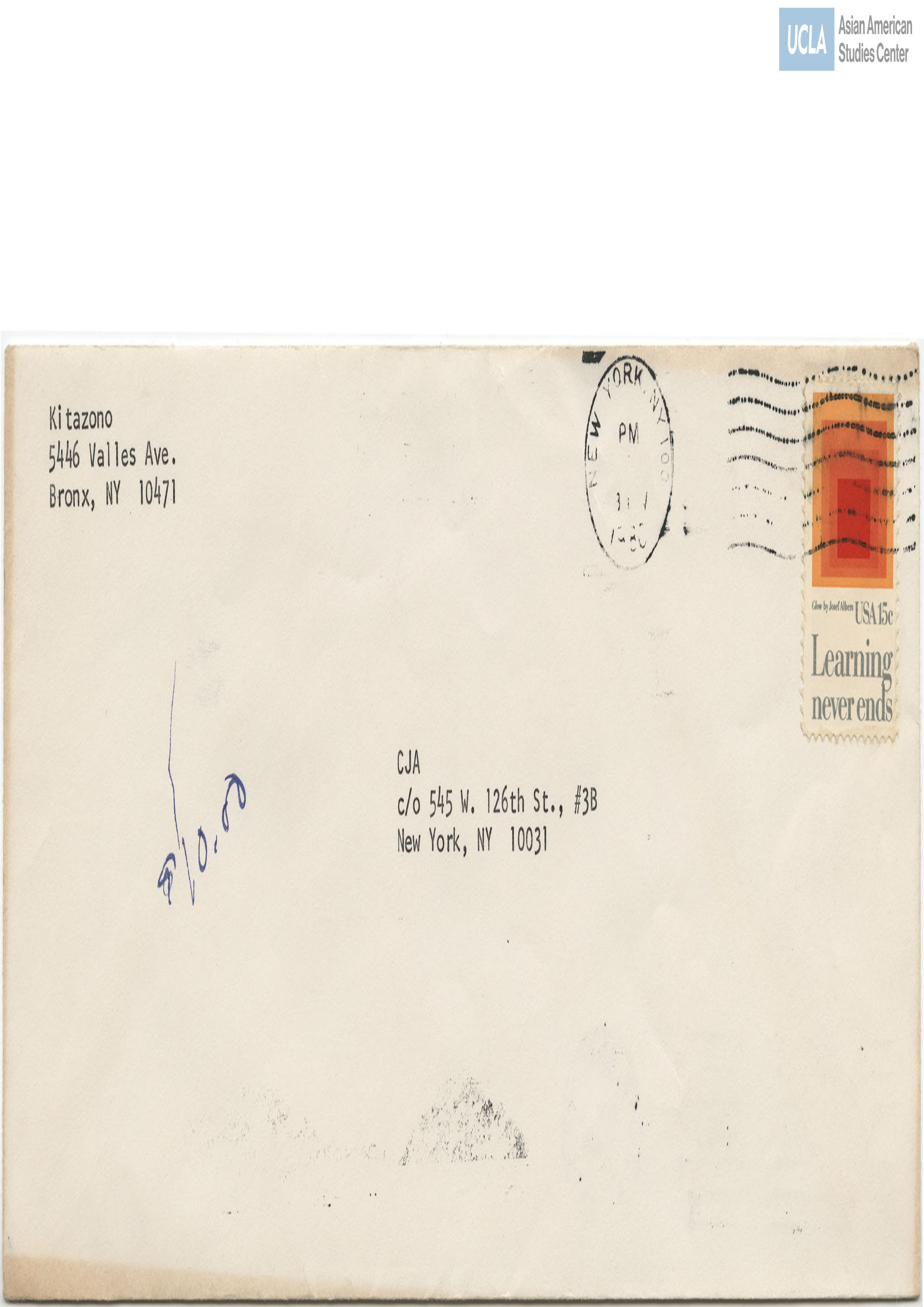 Envelope addressed to Concerned Japanese Americans. Postmarked on November 17, 1980.
