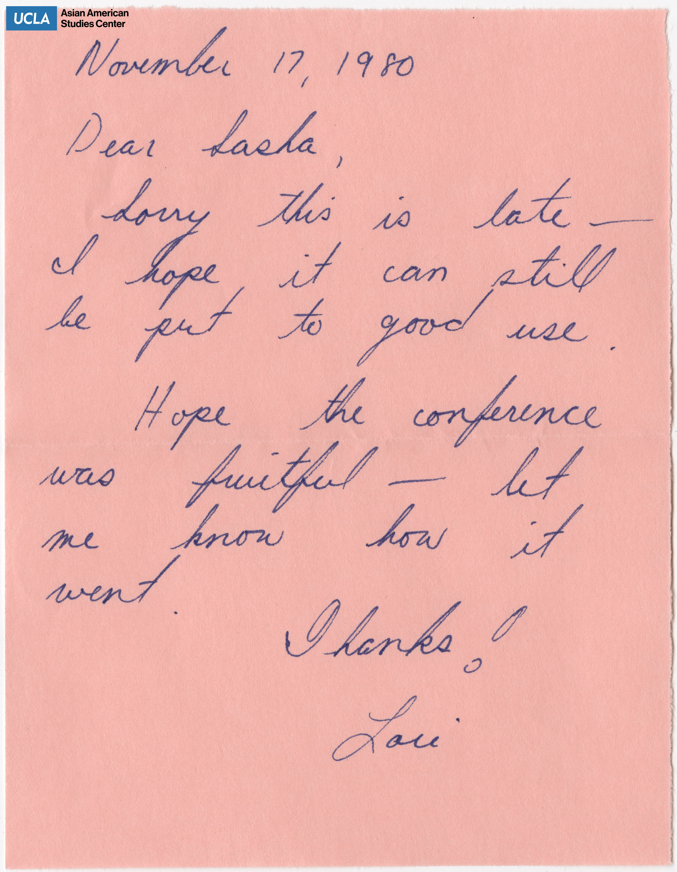 Letter regarding an apology for lateness and a conference.