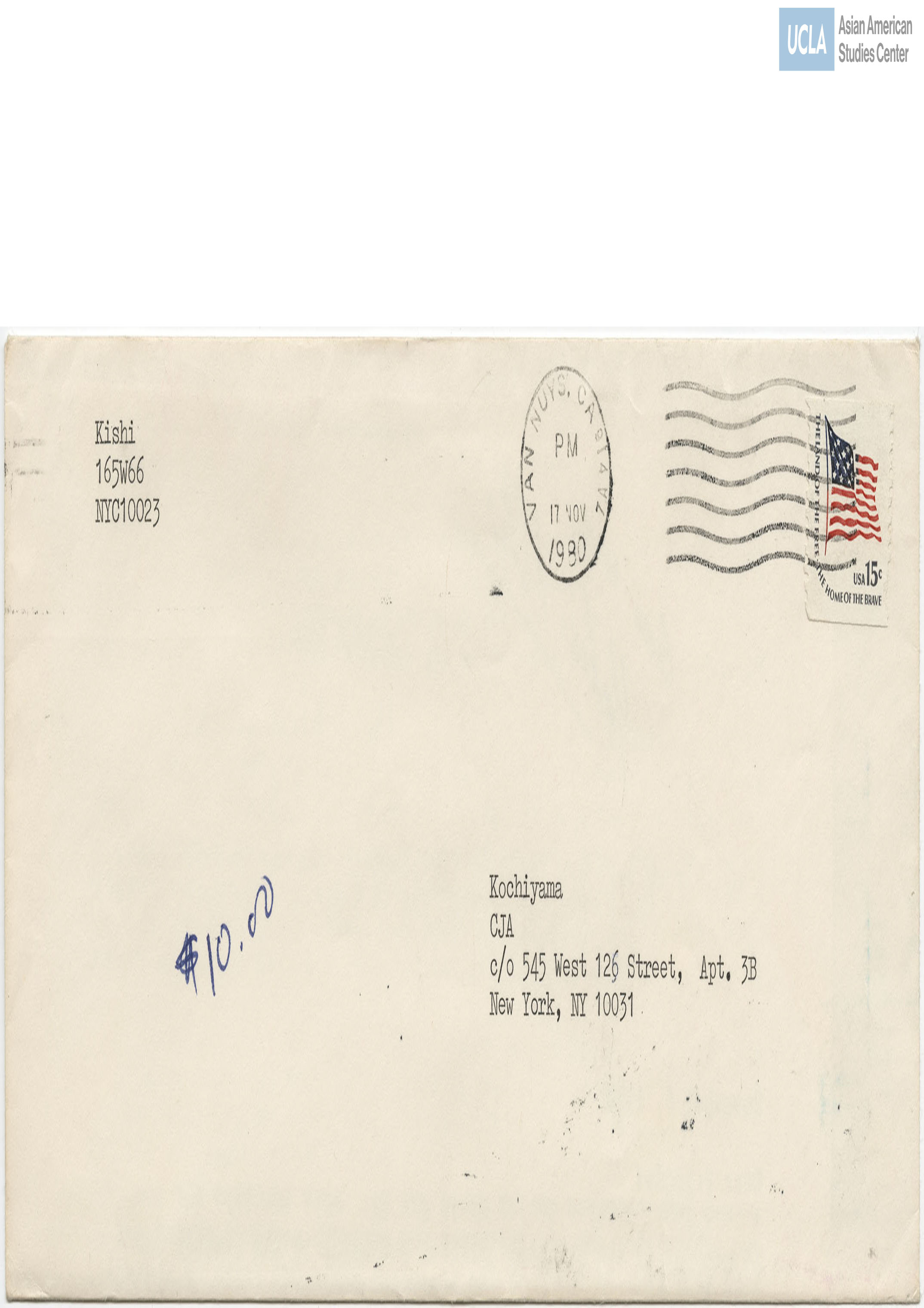 Envelope addressed to Kochiyama. Postmarked on November 17, 1980.
