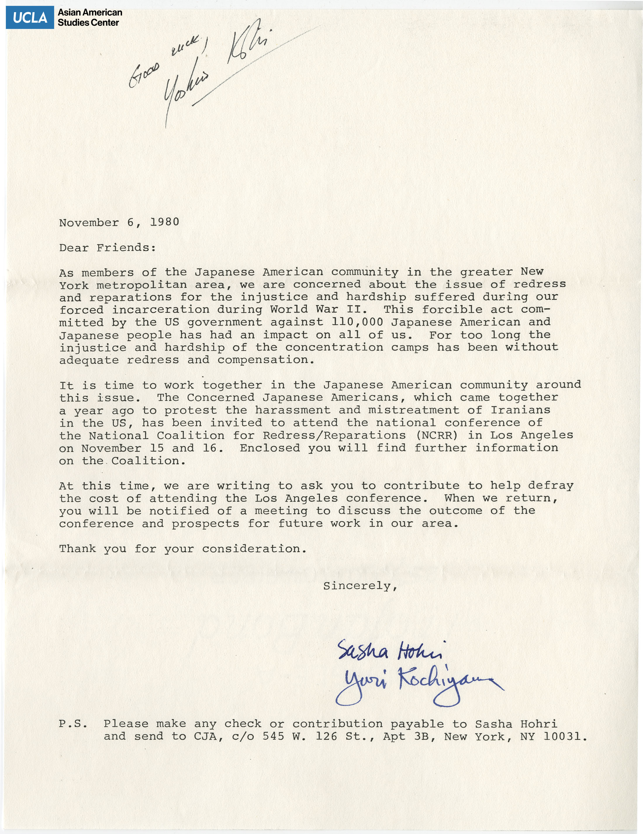 Letter regarding the redress and reparations of incarcerated Japanese Americans during World War II.