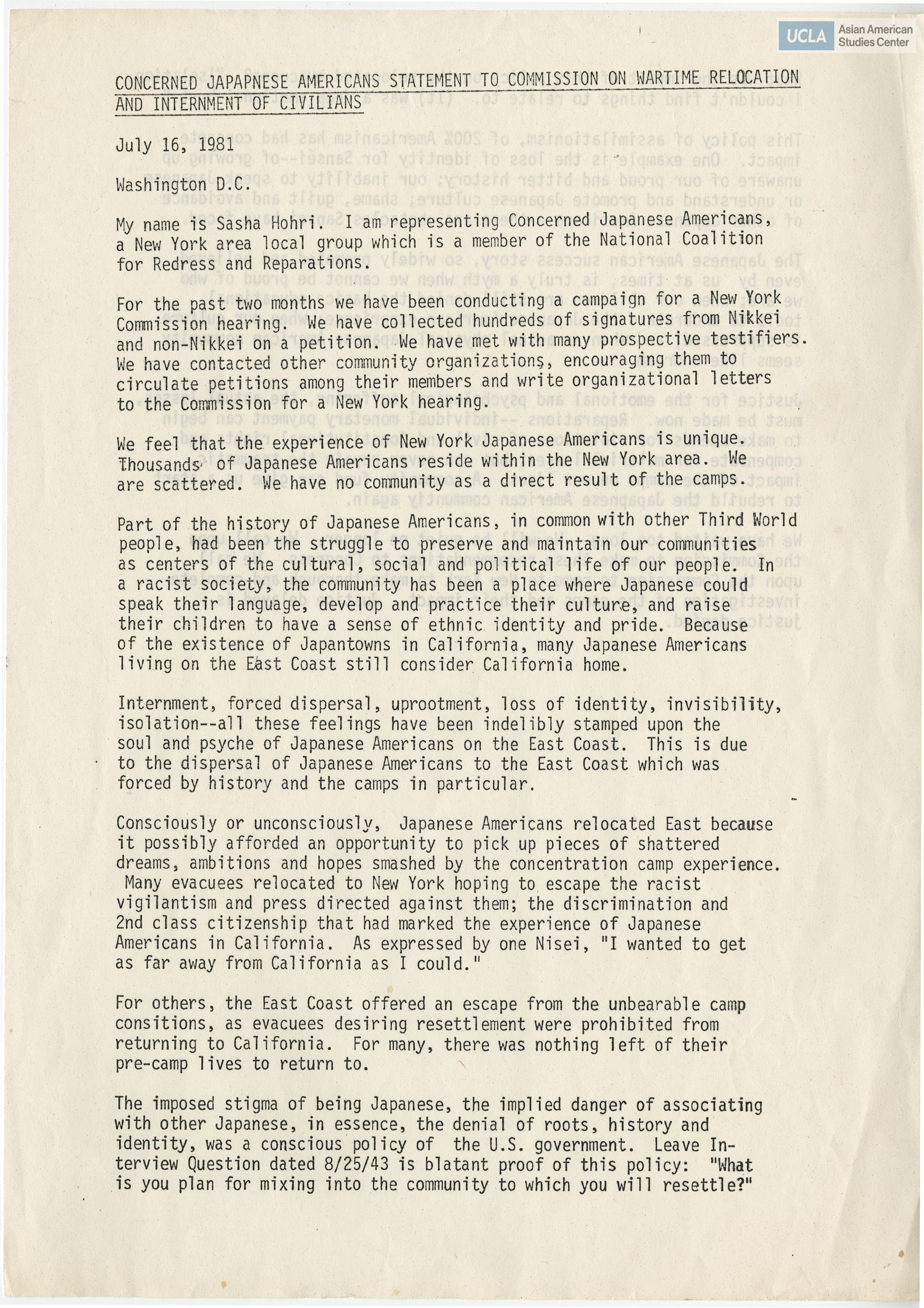Statement regarding the campaign for redress and reparations for the Japanese American treatment and incarceration during World War II.