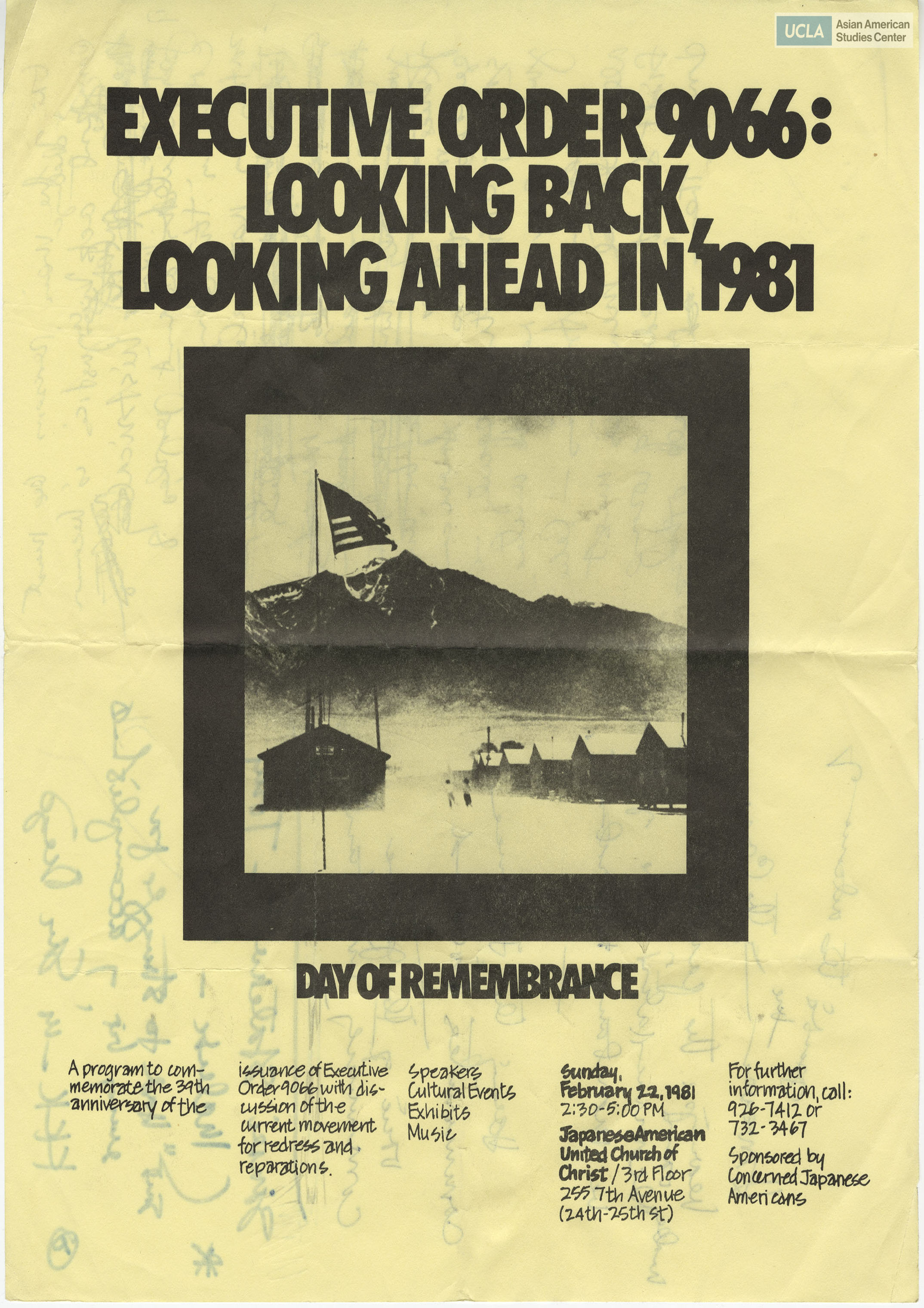 Flyer regarding the commemmoration of Executive Order 9066 with the discussion of redress and reparations.