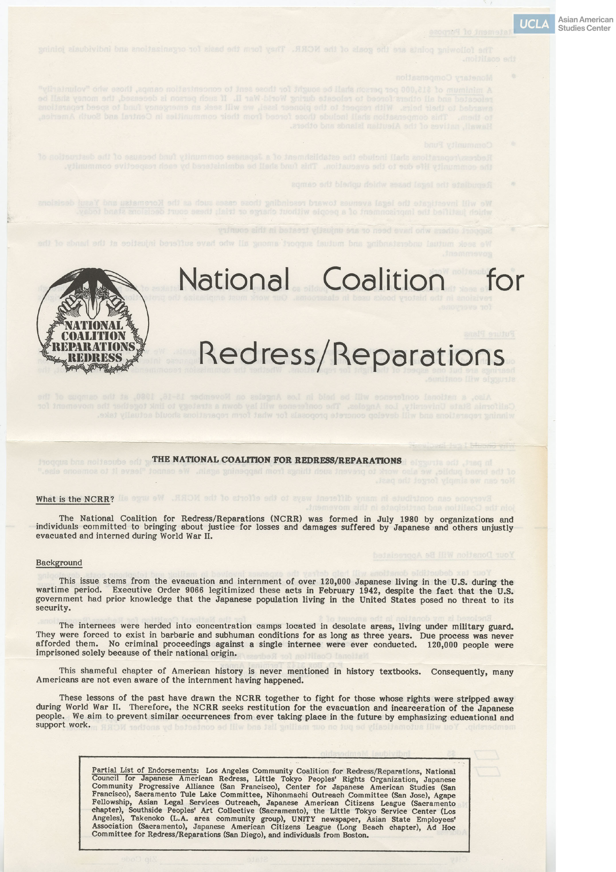 Flyer regarding the National Coalition for redress/reparations. Includes blank form for membership. Formed in 1980, the National Coalition for Redress/Reparations sought redress and reparations for West Coast Japanese Americans who were incarcerated during World War II.