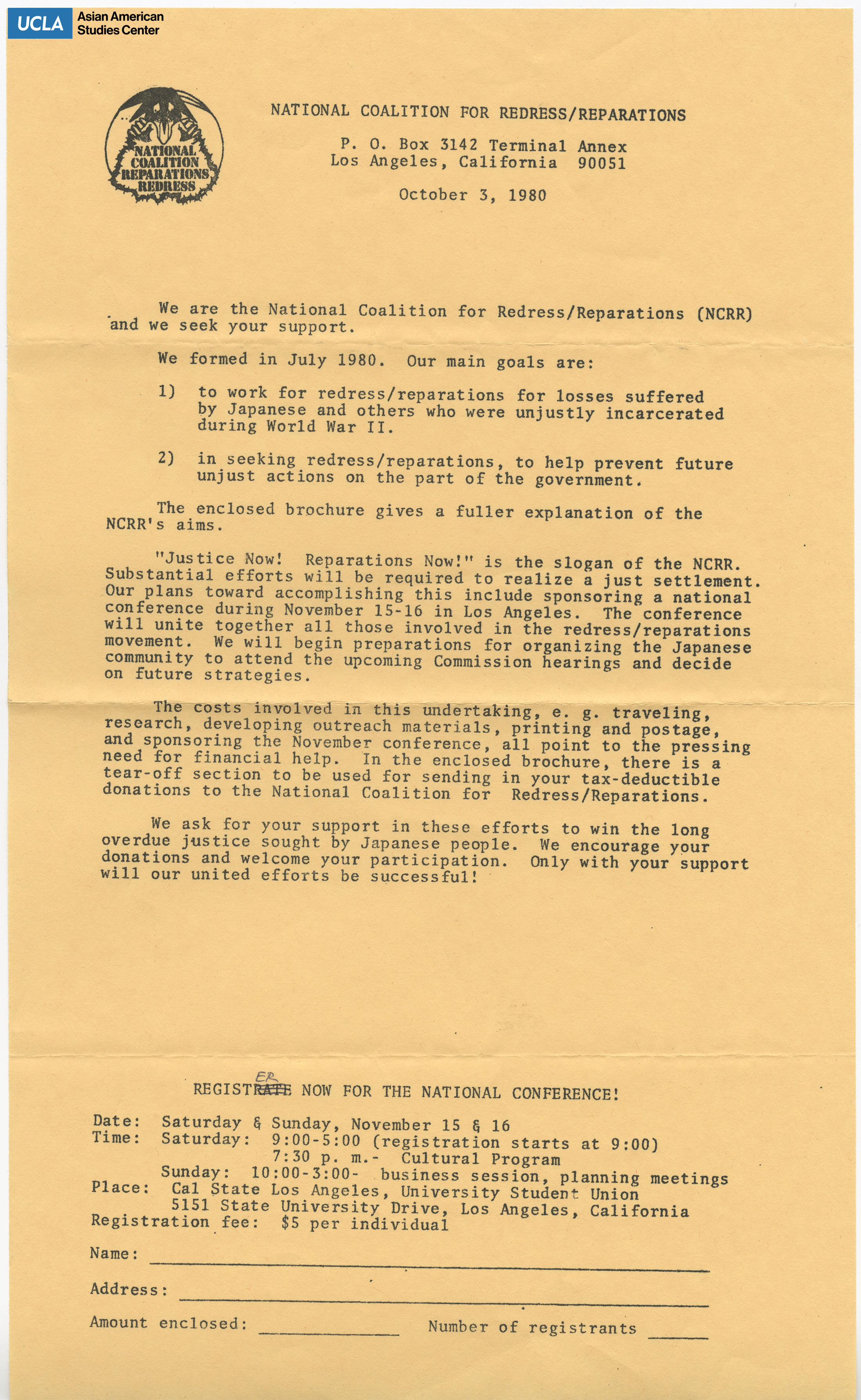 Flyer regarding the support for redress and reparations for Japanese Americans during World War II.
