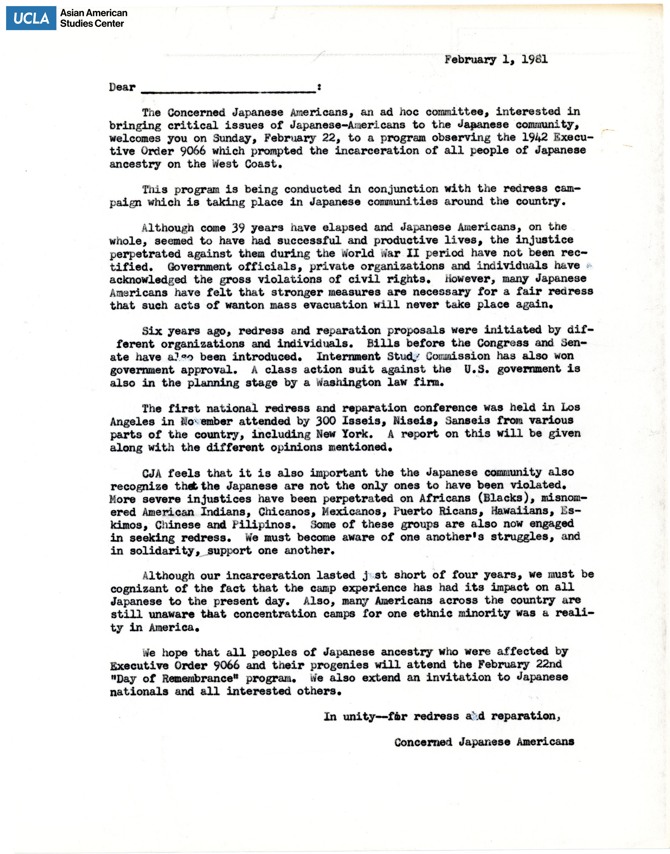 Template letter regarding te commemoration of Exectuive Order 9066 and the redress campaign.