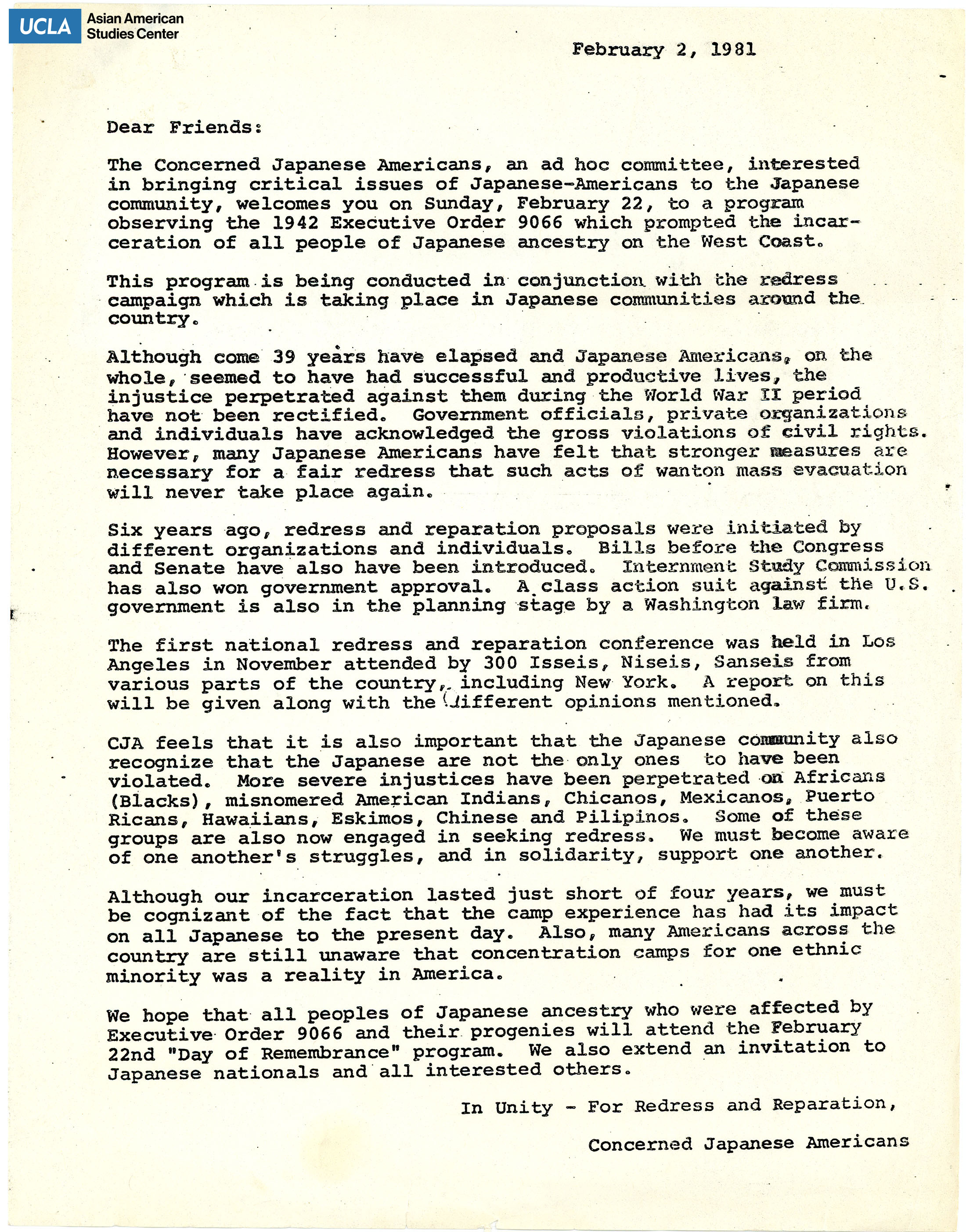 Template letter regarding te commemoration of Exectuive Order 9066 and the redress campaign.