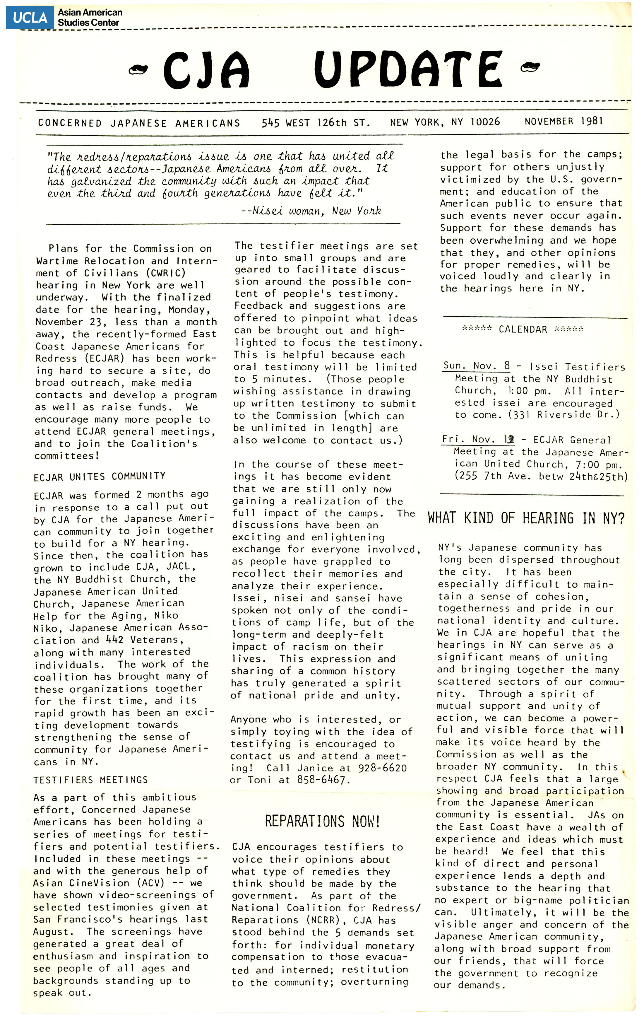 Concerned Japanese Americans newsletter on Hiroshima-Nagasaki Day and raising support for hibakushas in New York.