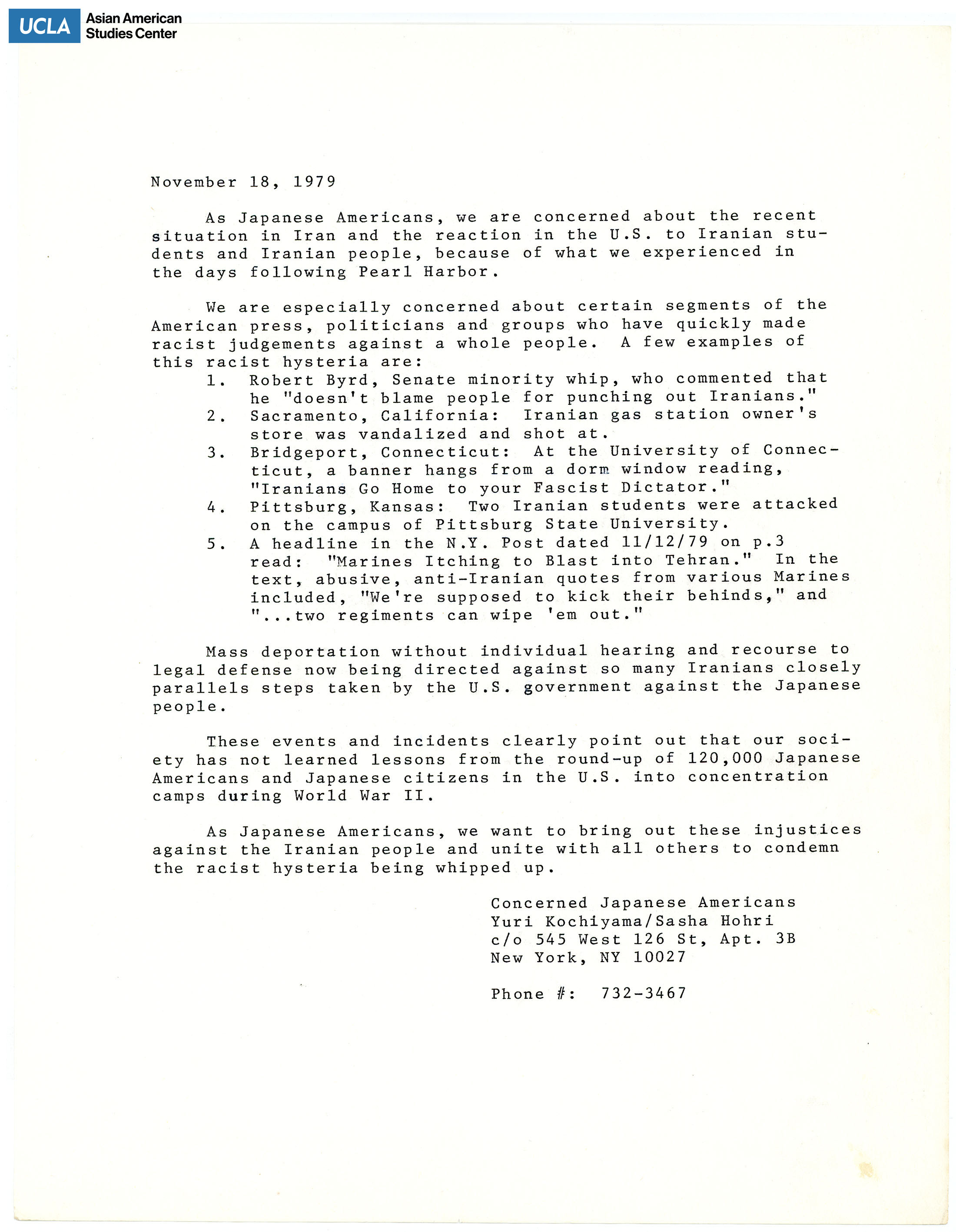 Letter regarding the U.S. racists judgements of Iranian students and people through press, politicians and groups.