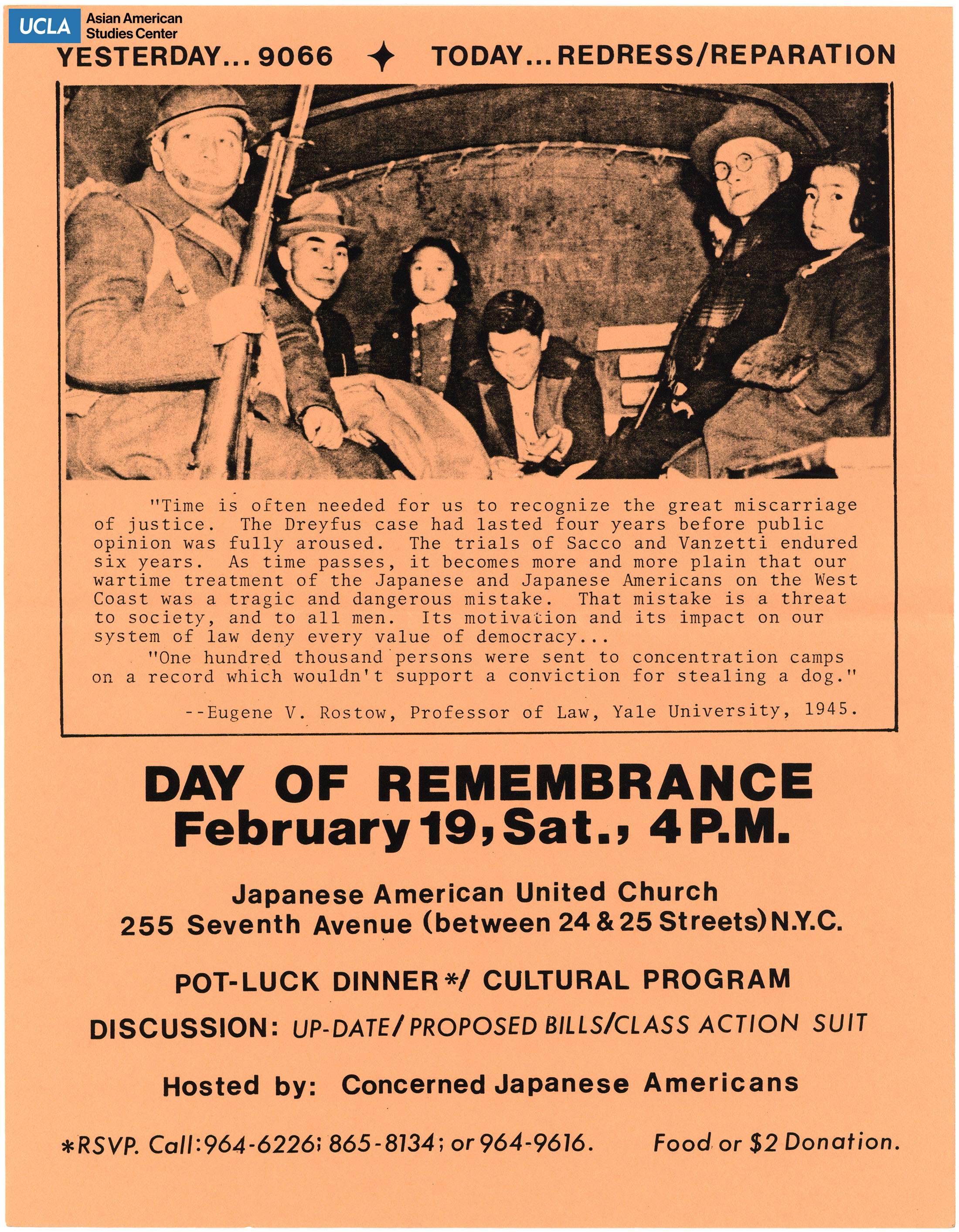 Flyer regarding the commemoration on Executive Order 9066 along with discussions of redress/reparations and a class action suit.