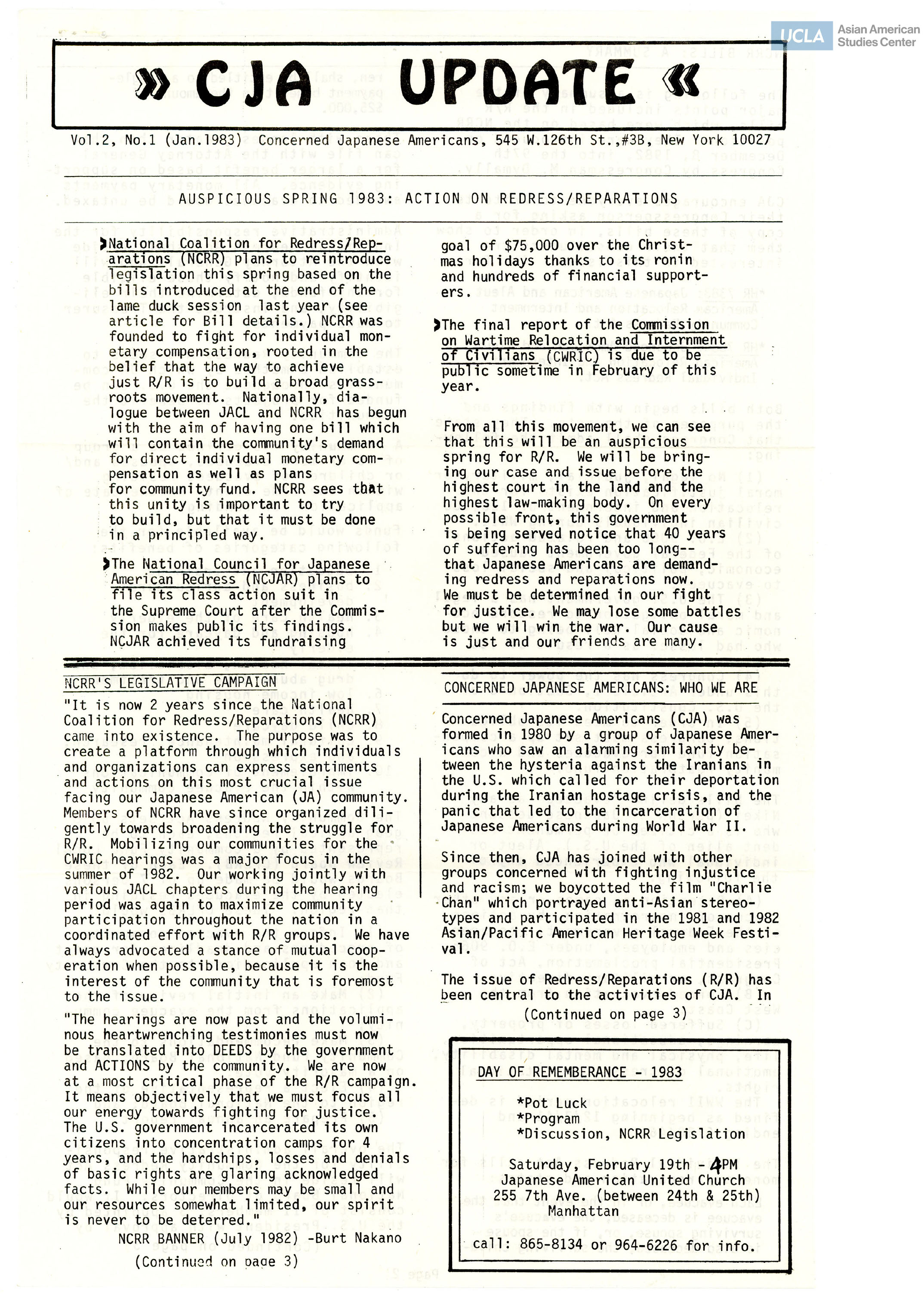 Newsletter regarding National Coalition for Redress/Reparations underway plans for legislative campaign and bill.