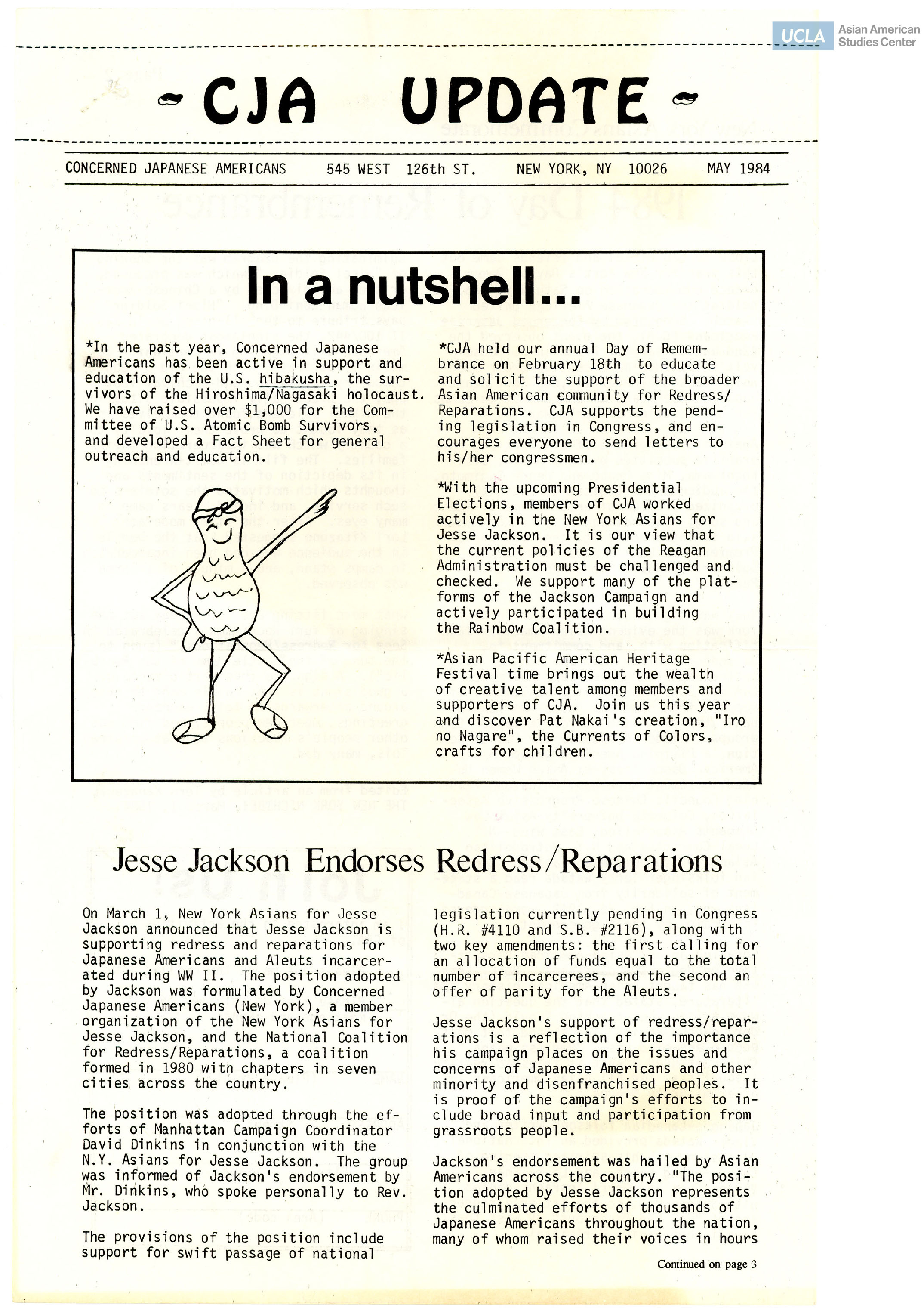 Newsletter regarding fundraising for hibakusha and redress/reparations with Jesse Jackson endorsement.