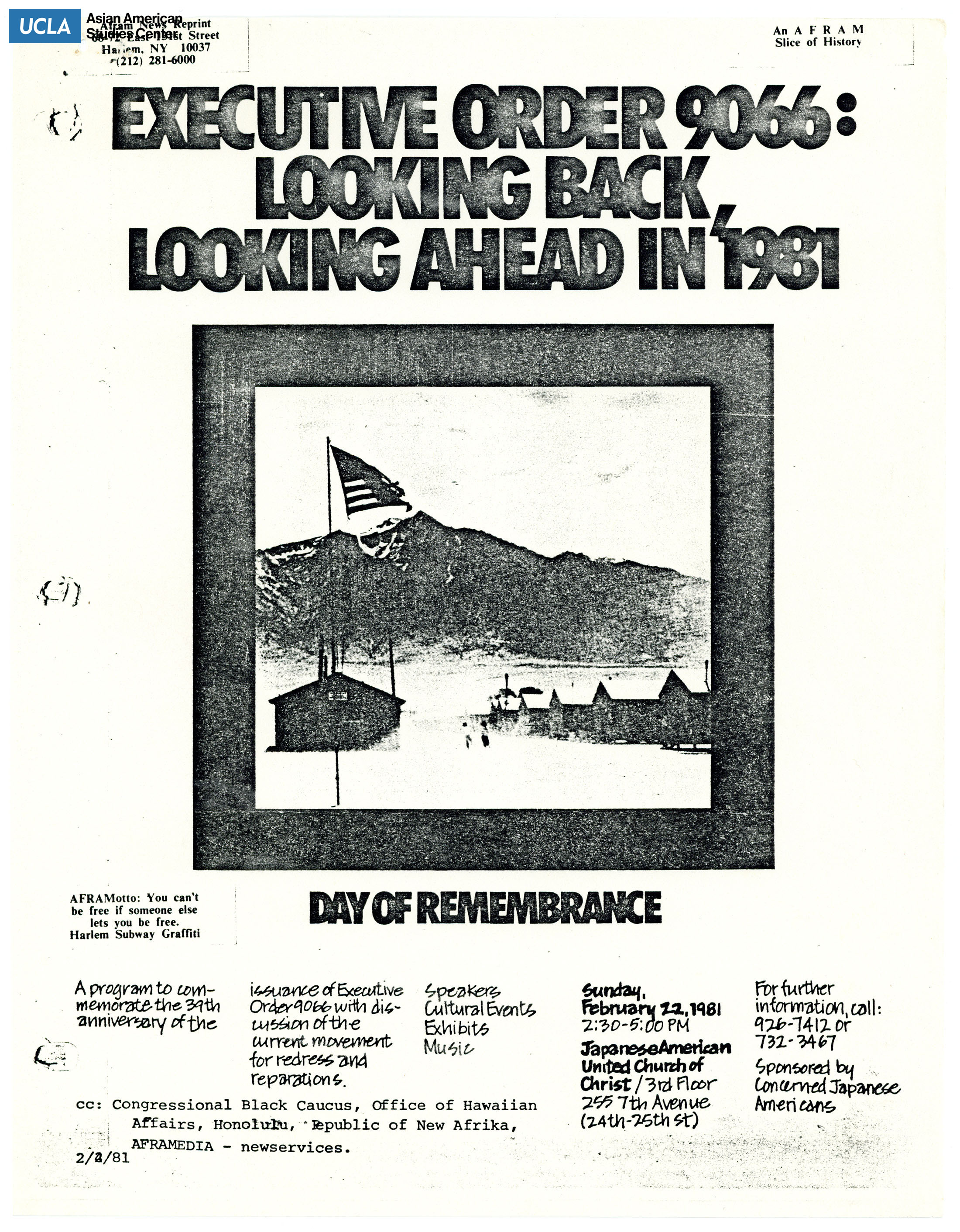 Flyer regarding the commemoration of Executive Order 9066. Released through AFRAM.